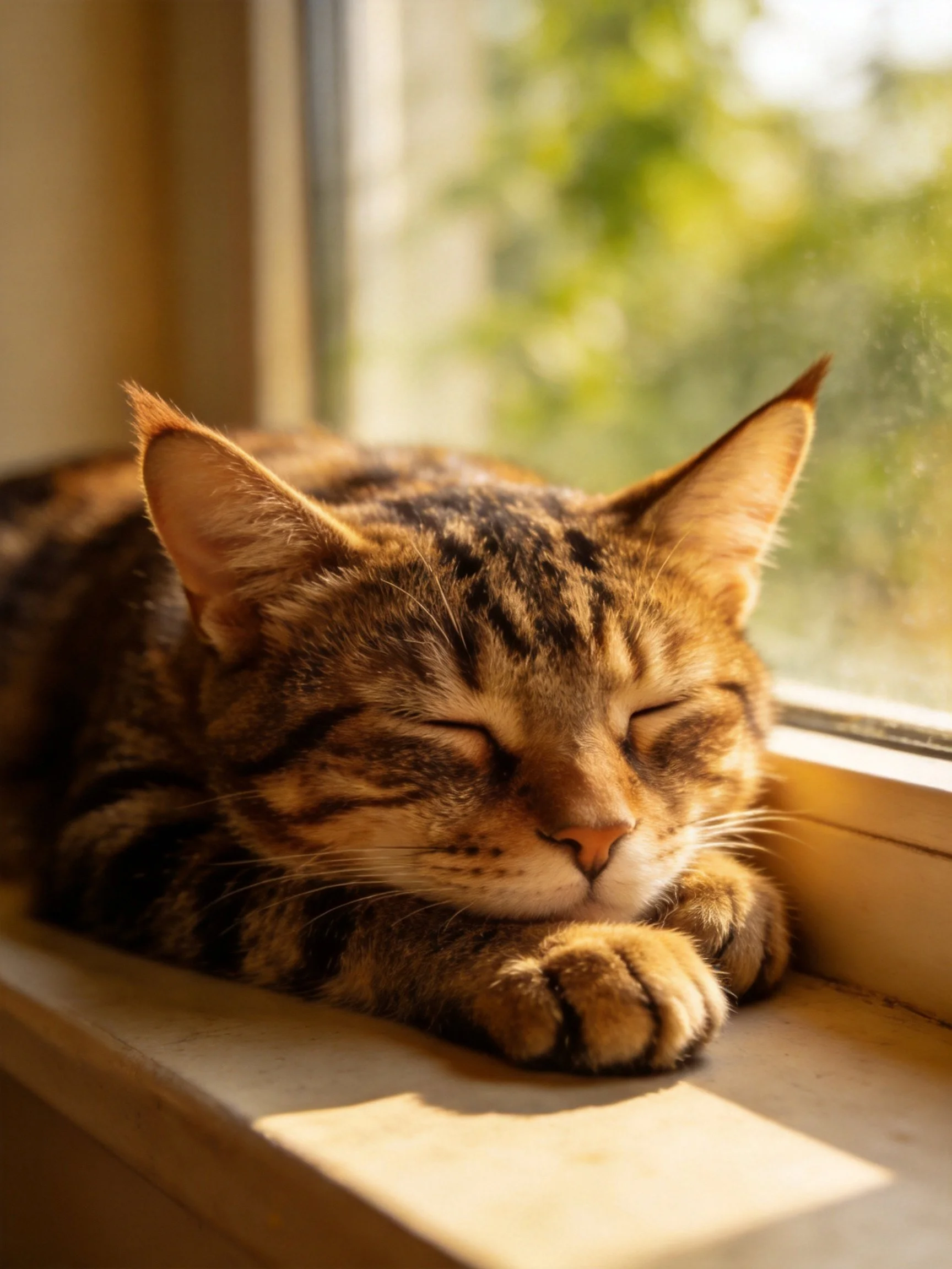 A brown tabby cat napping on a sunlit windowsill