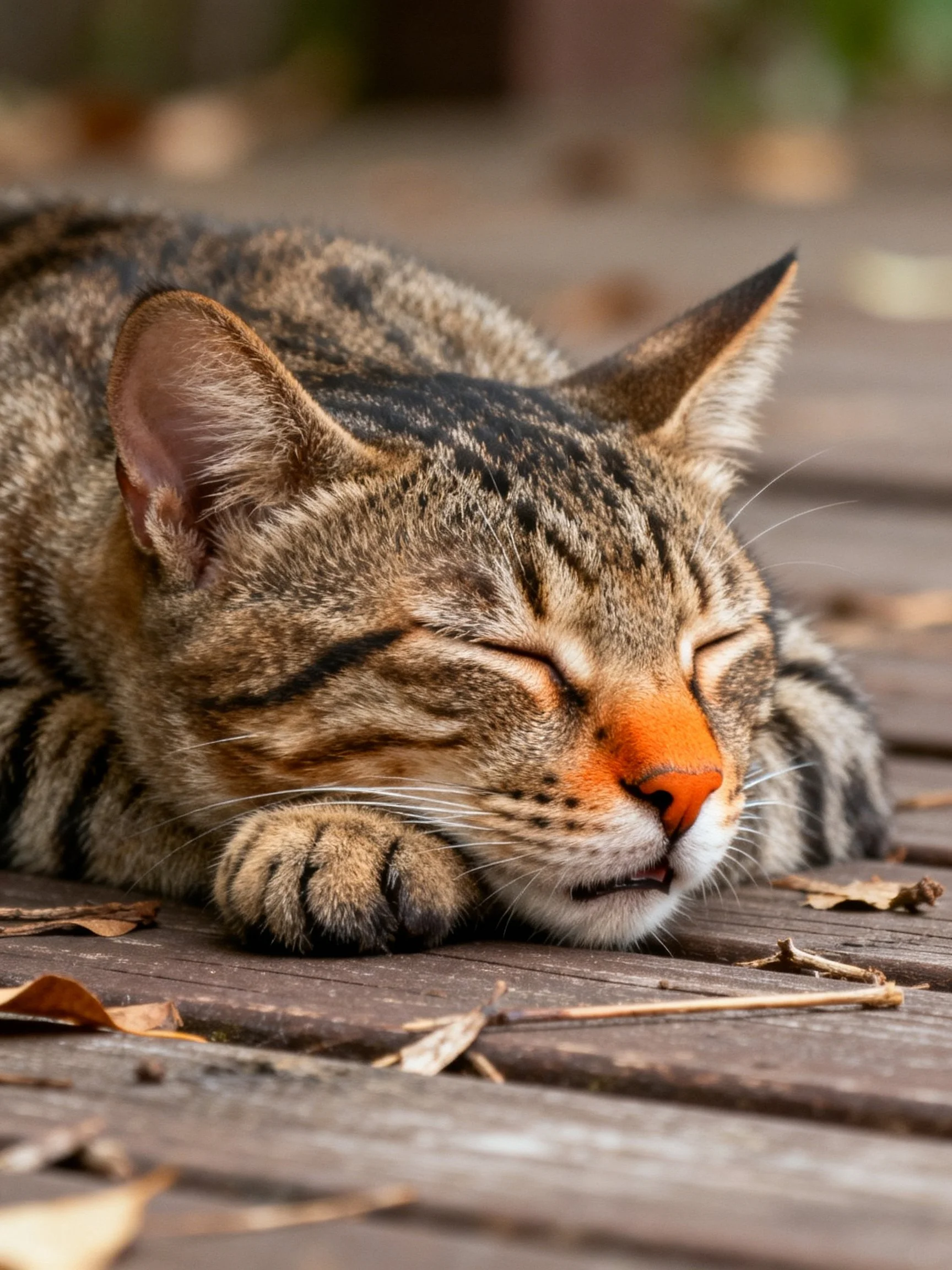 A brown tabby cat napping on wooden planks amid scattered dry leaves