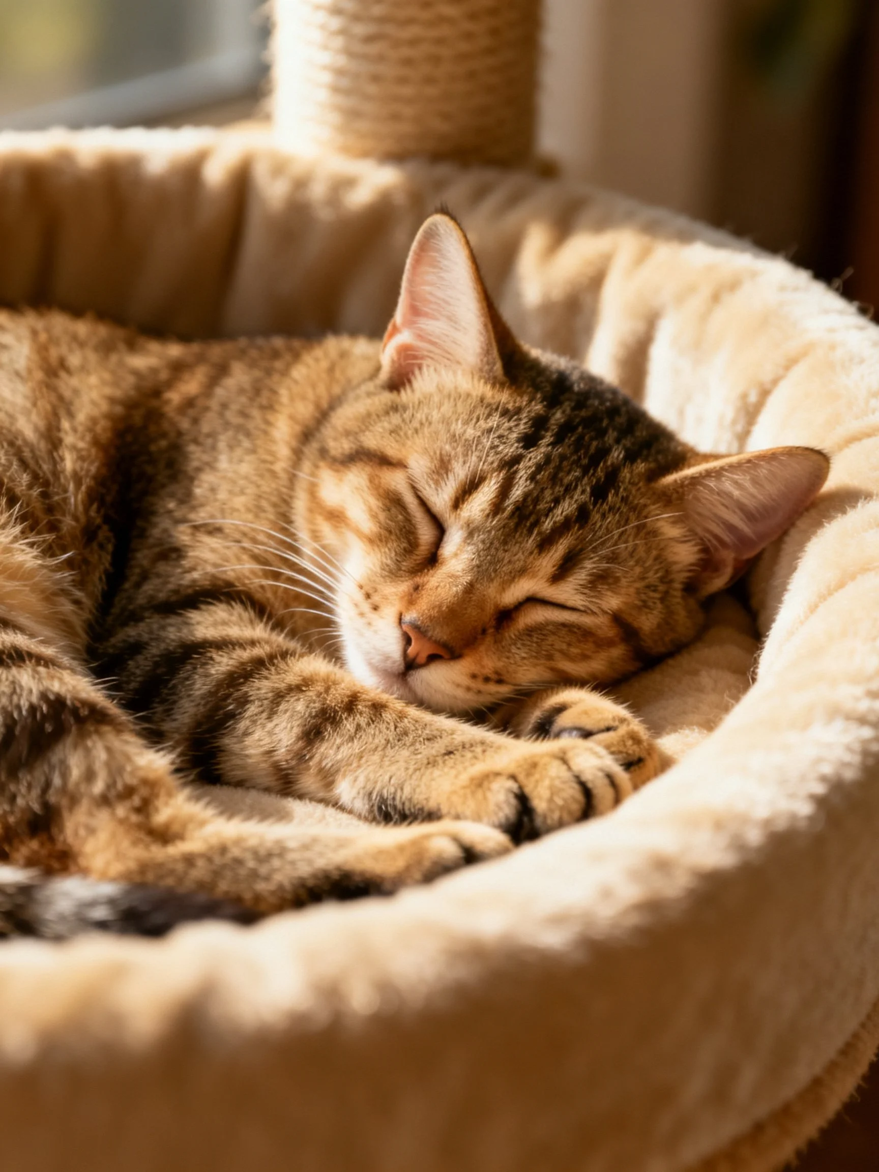A brown tabby cat naps in a soft, beige pet bed beside a scratching post
