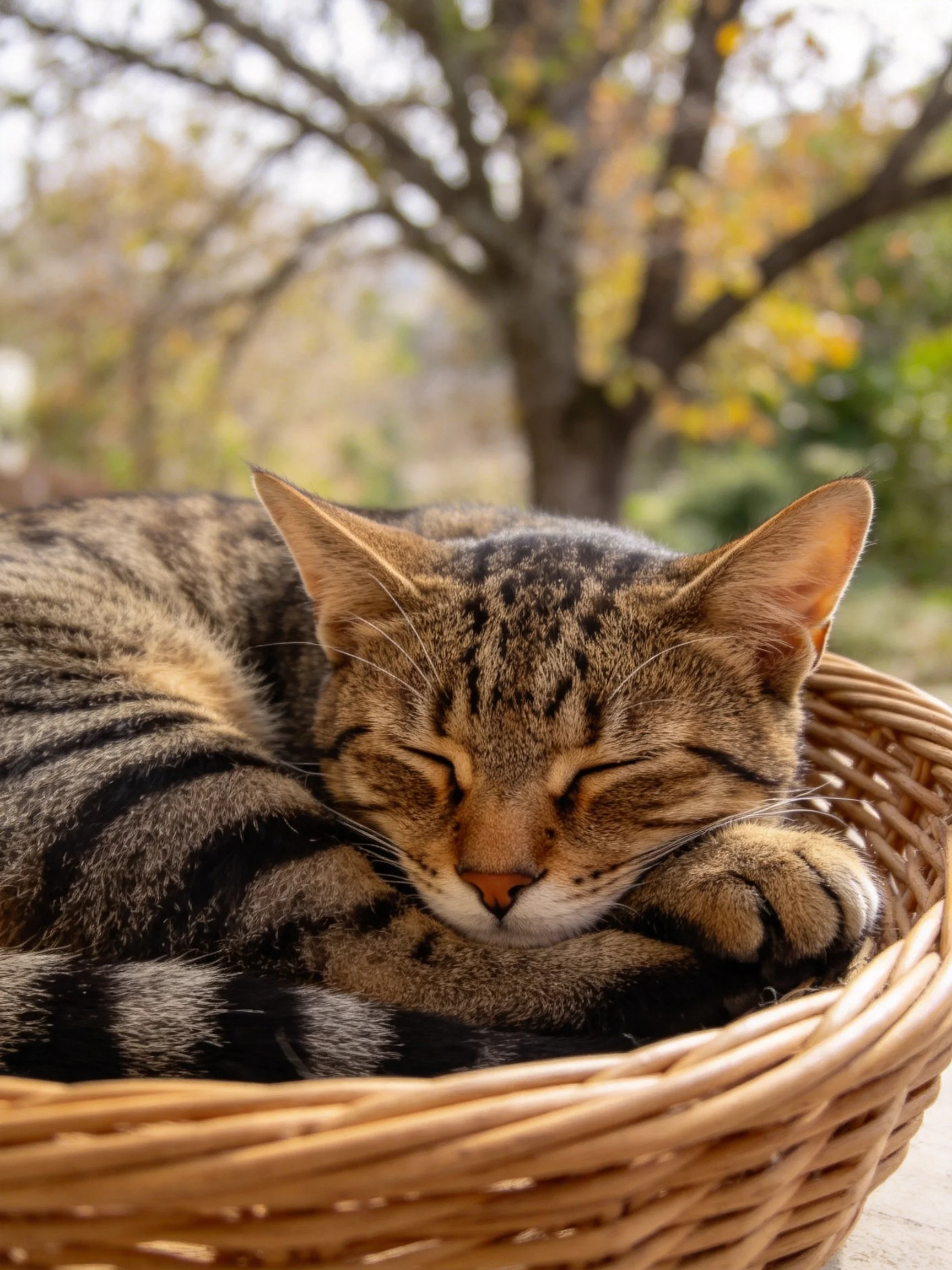 A brown tabby cat naps in a wicker basket outdoors