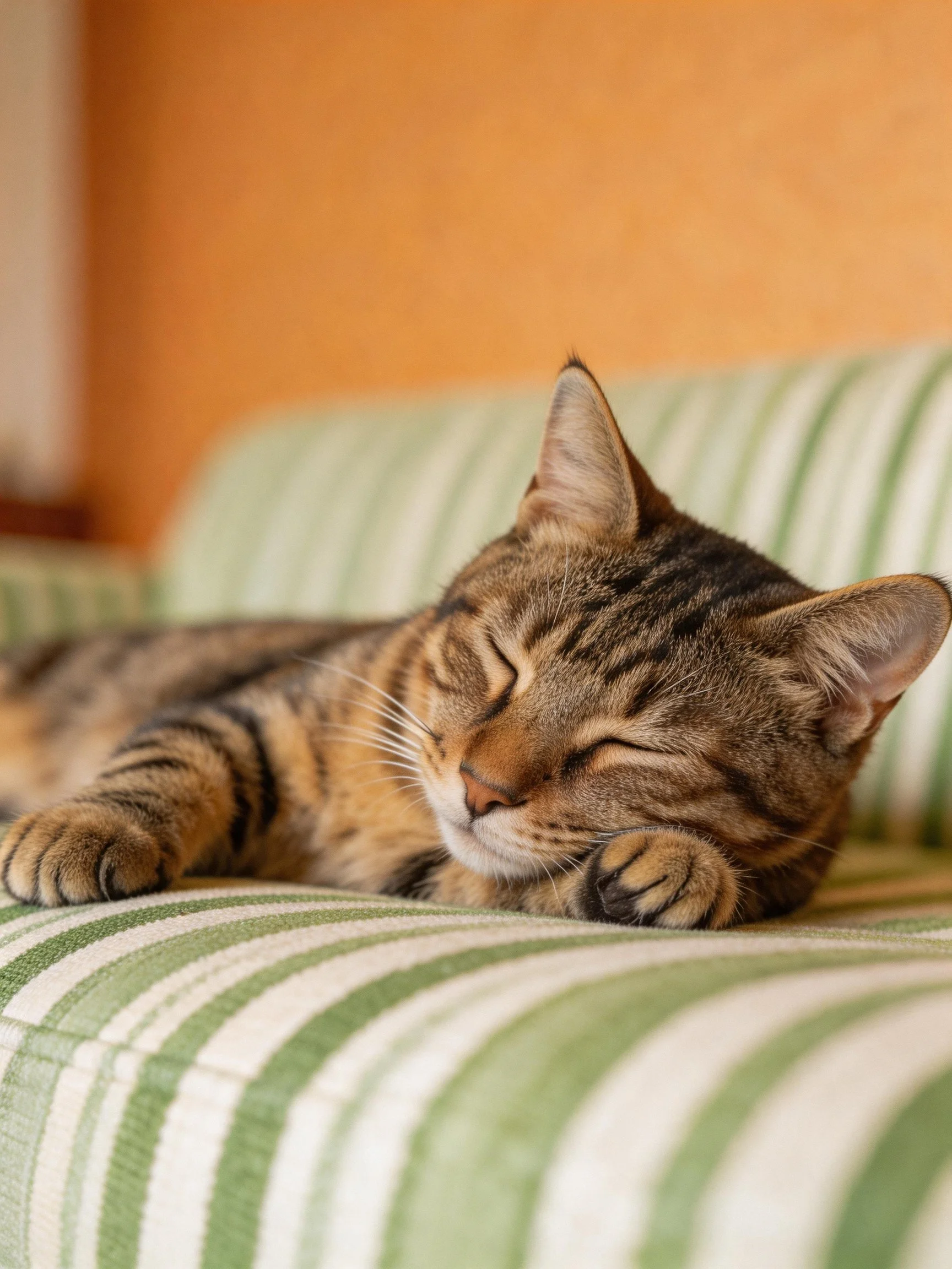 A brown tabby cat naps on a green and white striped couch
