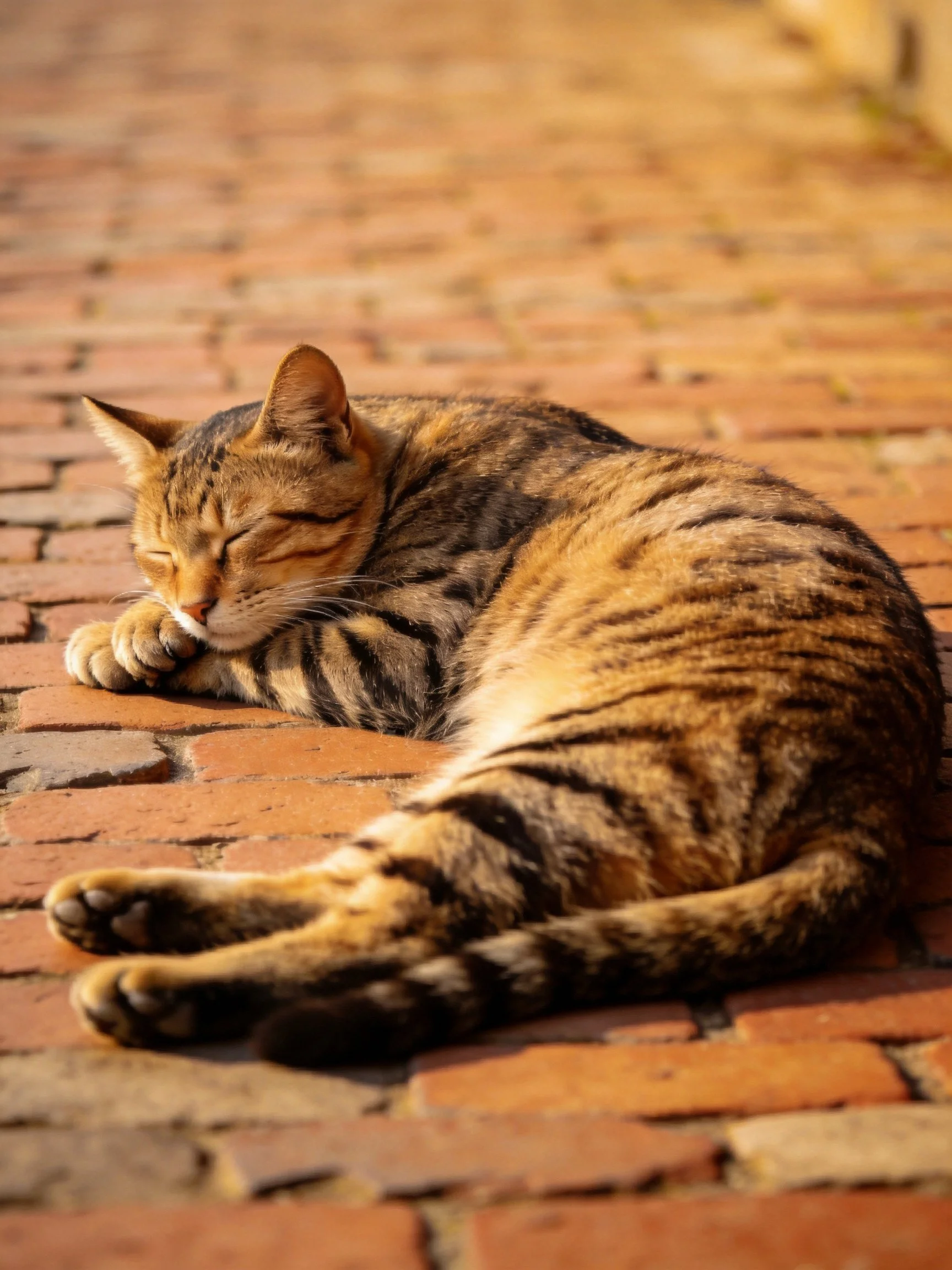 A brown tabby cat naps on a sunlit brick pavement