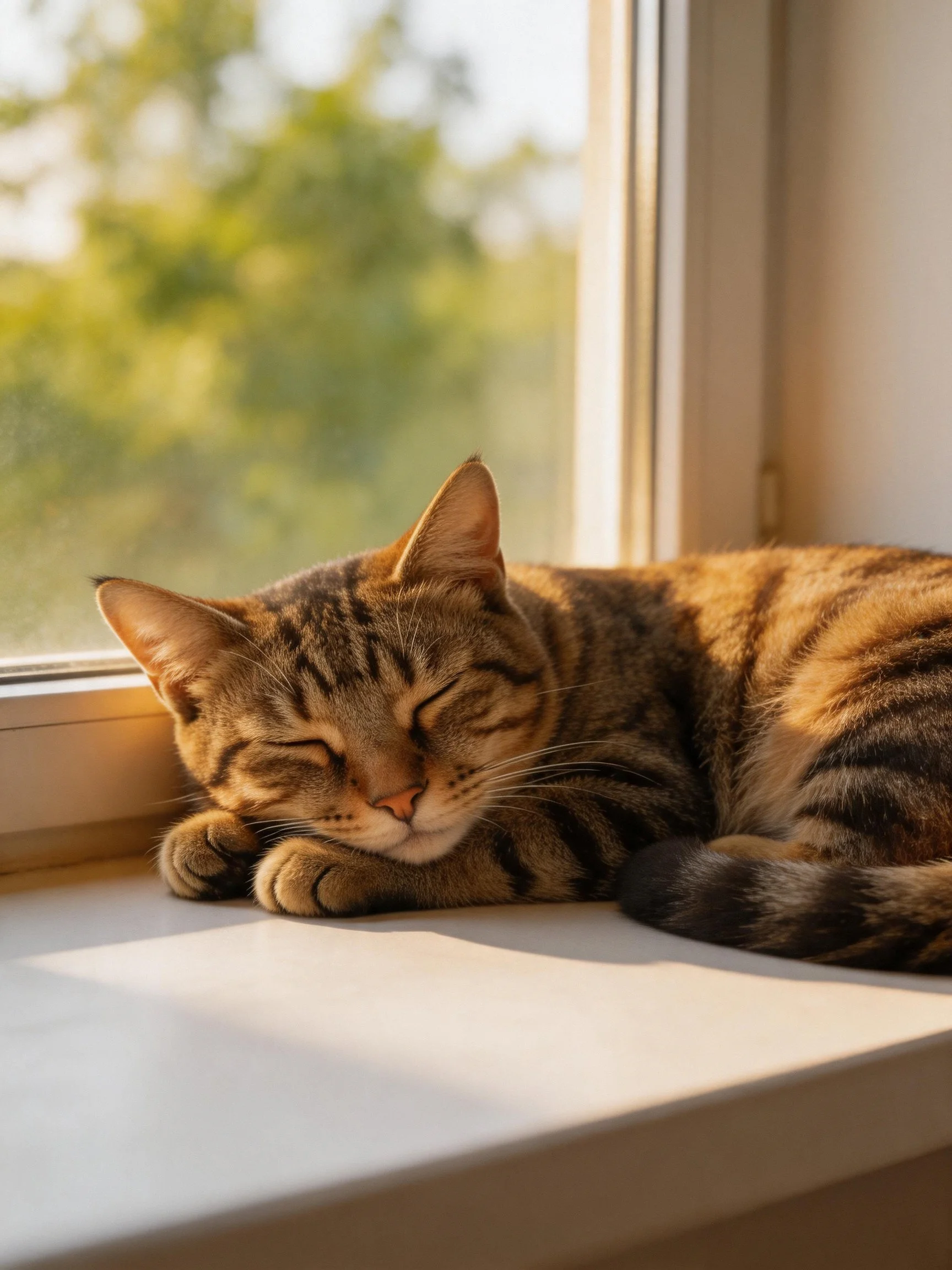 A brown tabby cat naps on a sunlit windowsill