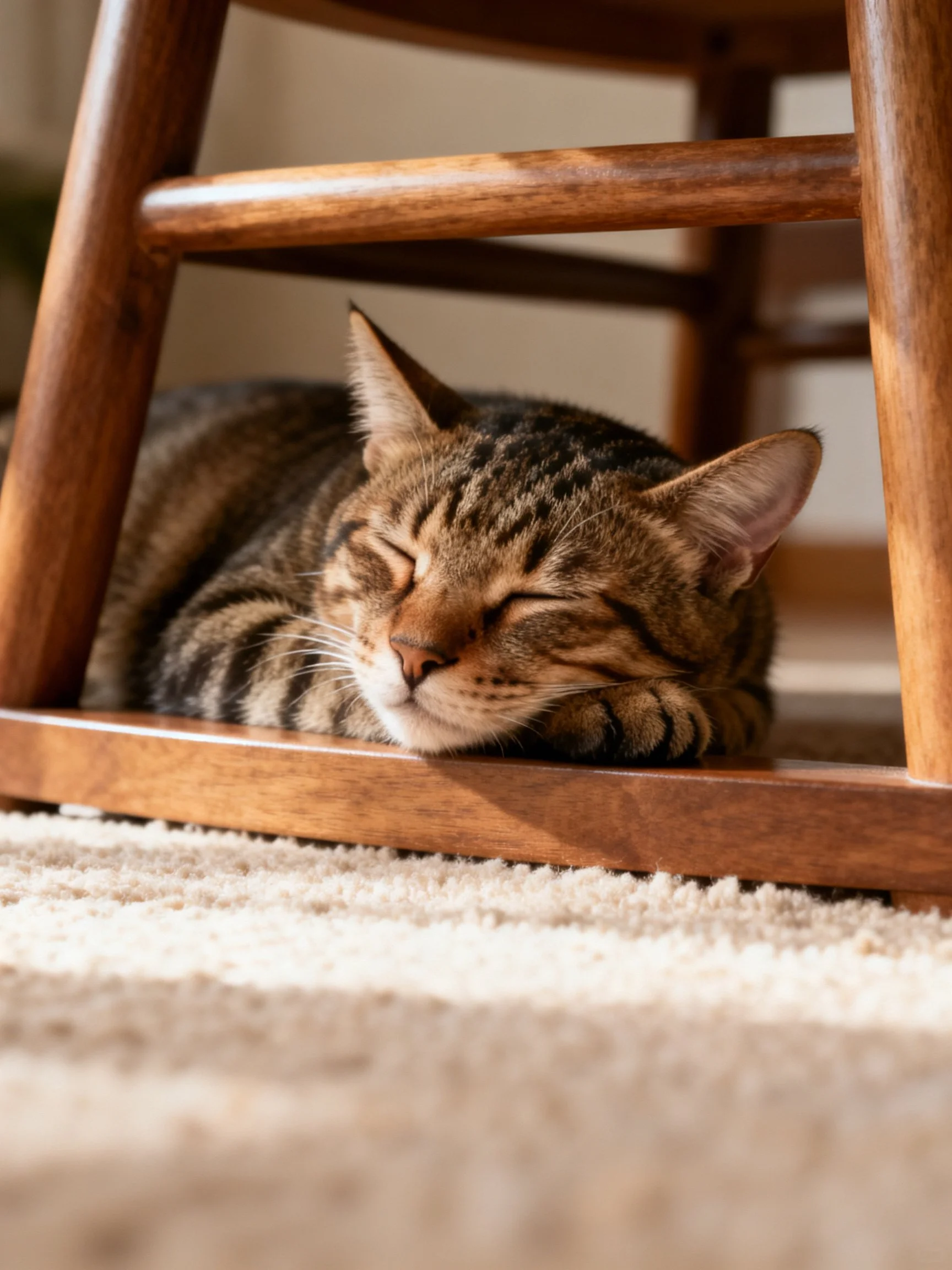 A brown tabby cat naps under a wooden chair on a soft carpet