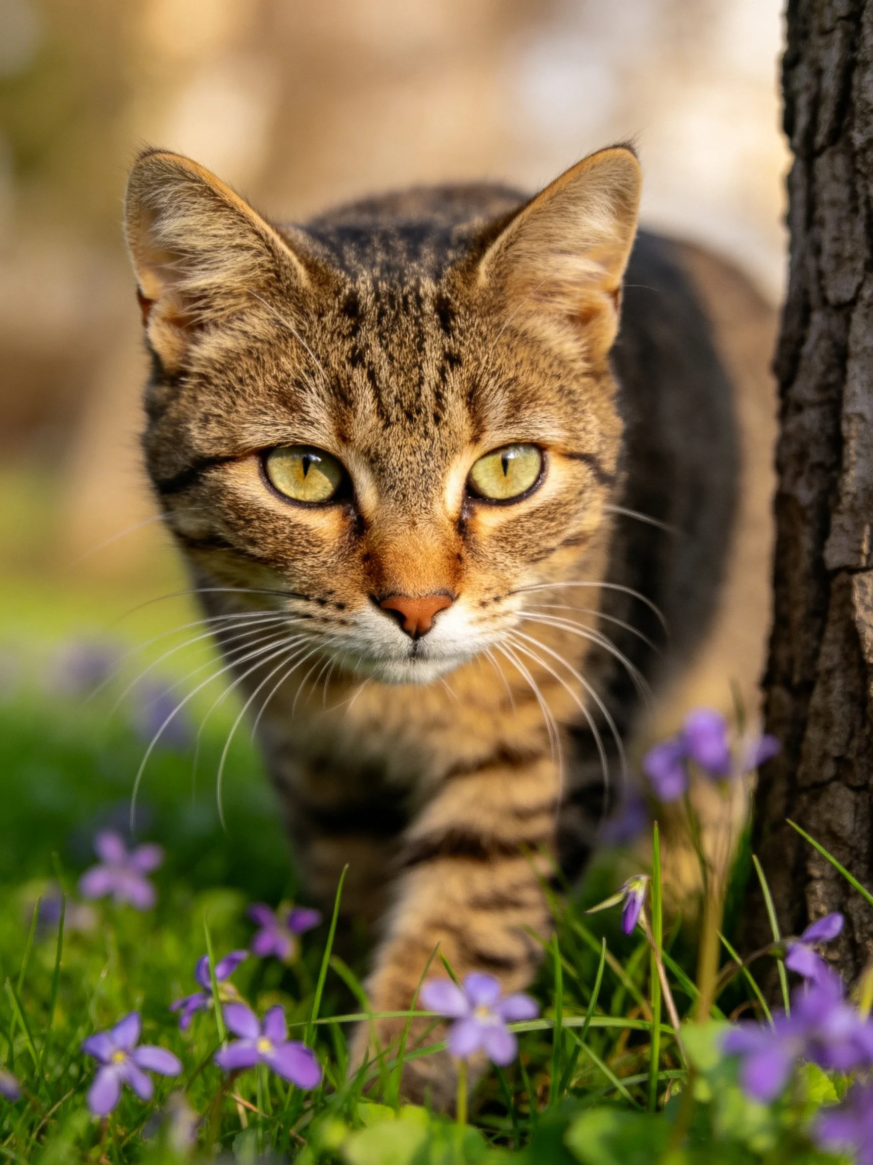 A brown tabby cat walks past purple flowers beside a tree.