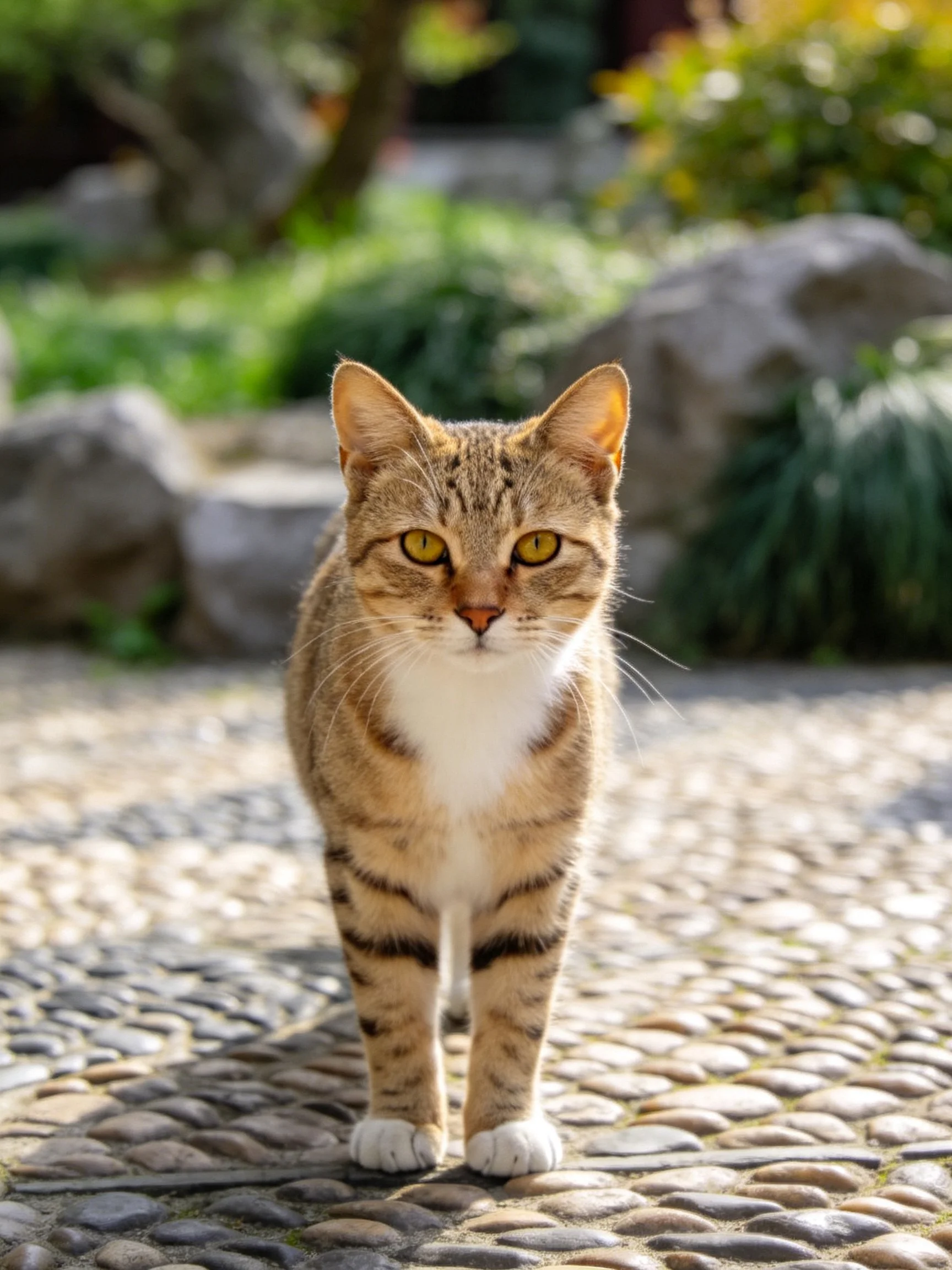 A brown tabby cat on a cobblestone path near rocks and greenery