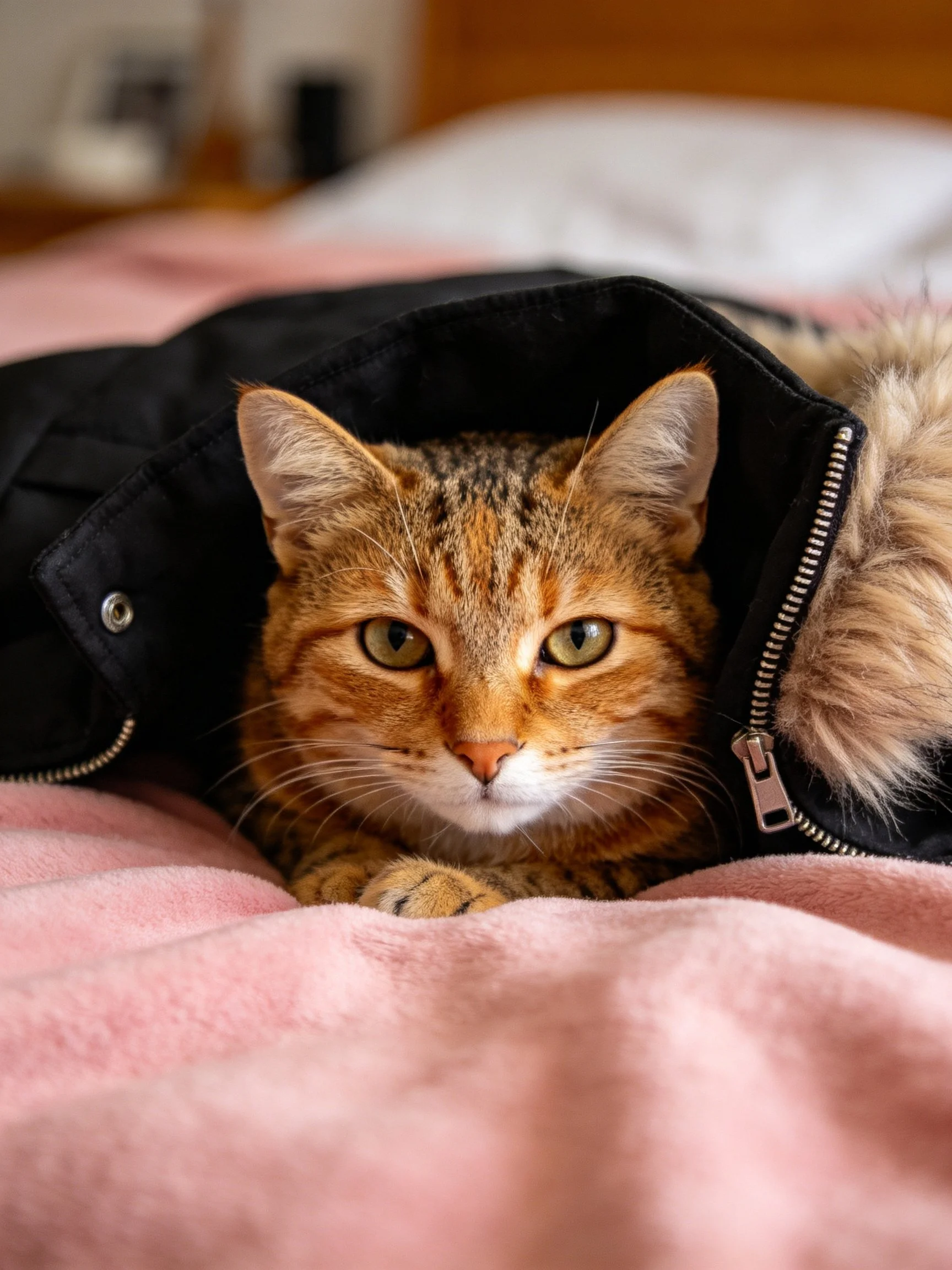 A brown tabby cat peeks from a black puffer jacket on a pink blanket