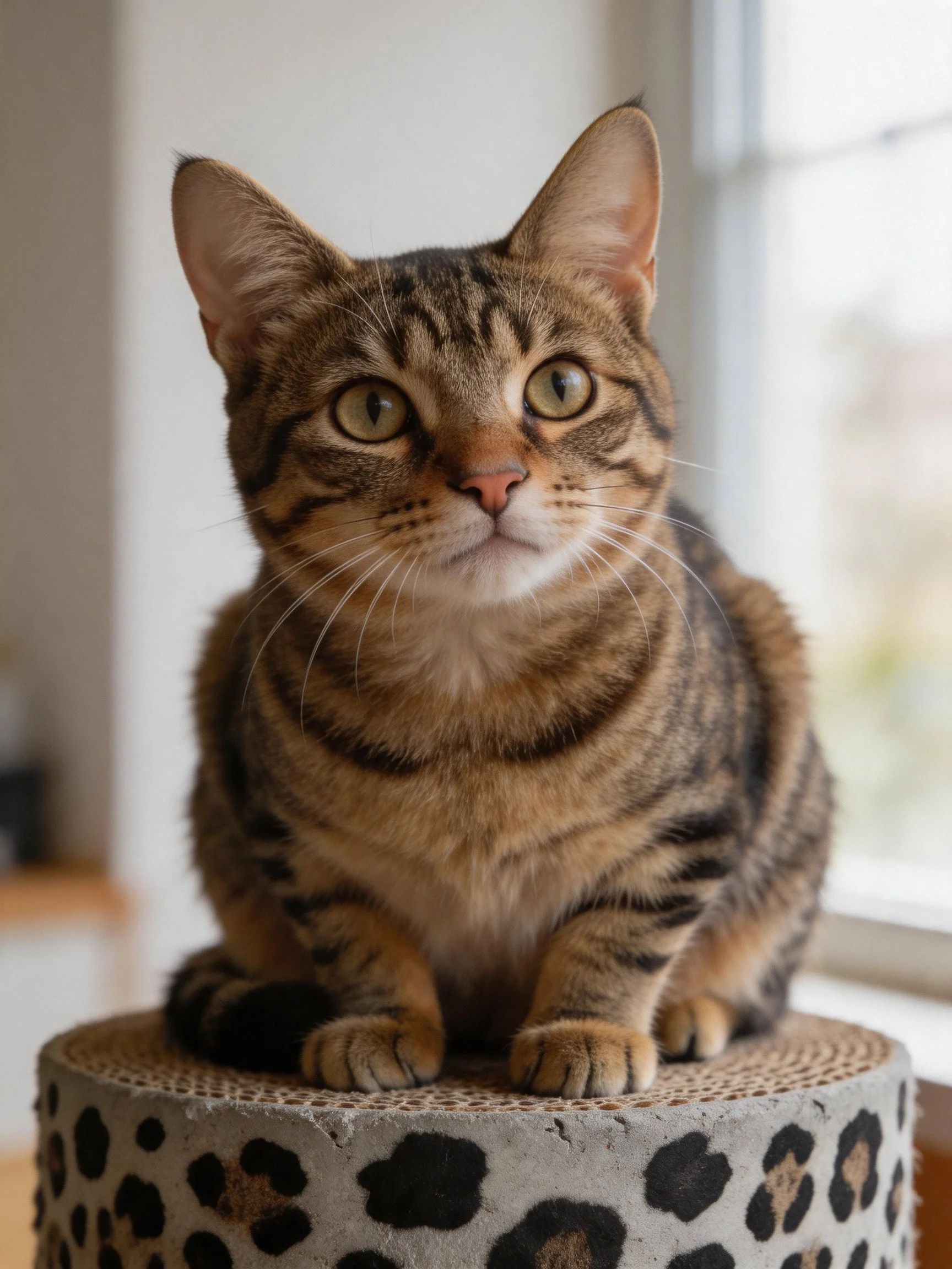 A brown tabby cat perched on a spotted scratching post near a bright window