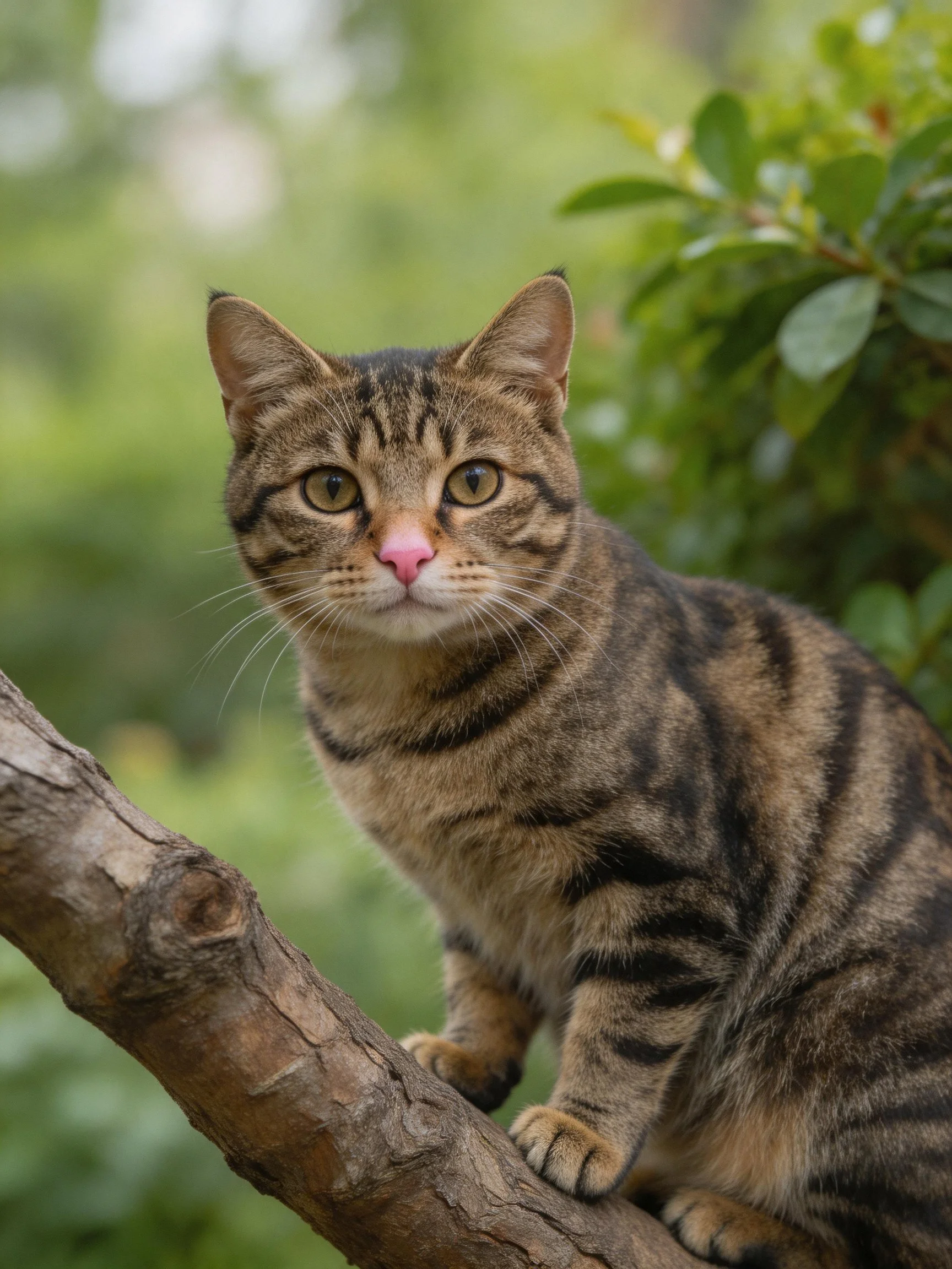 A brown tabby cat sits alertly on a tree branch amid greenery.