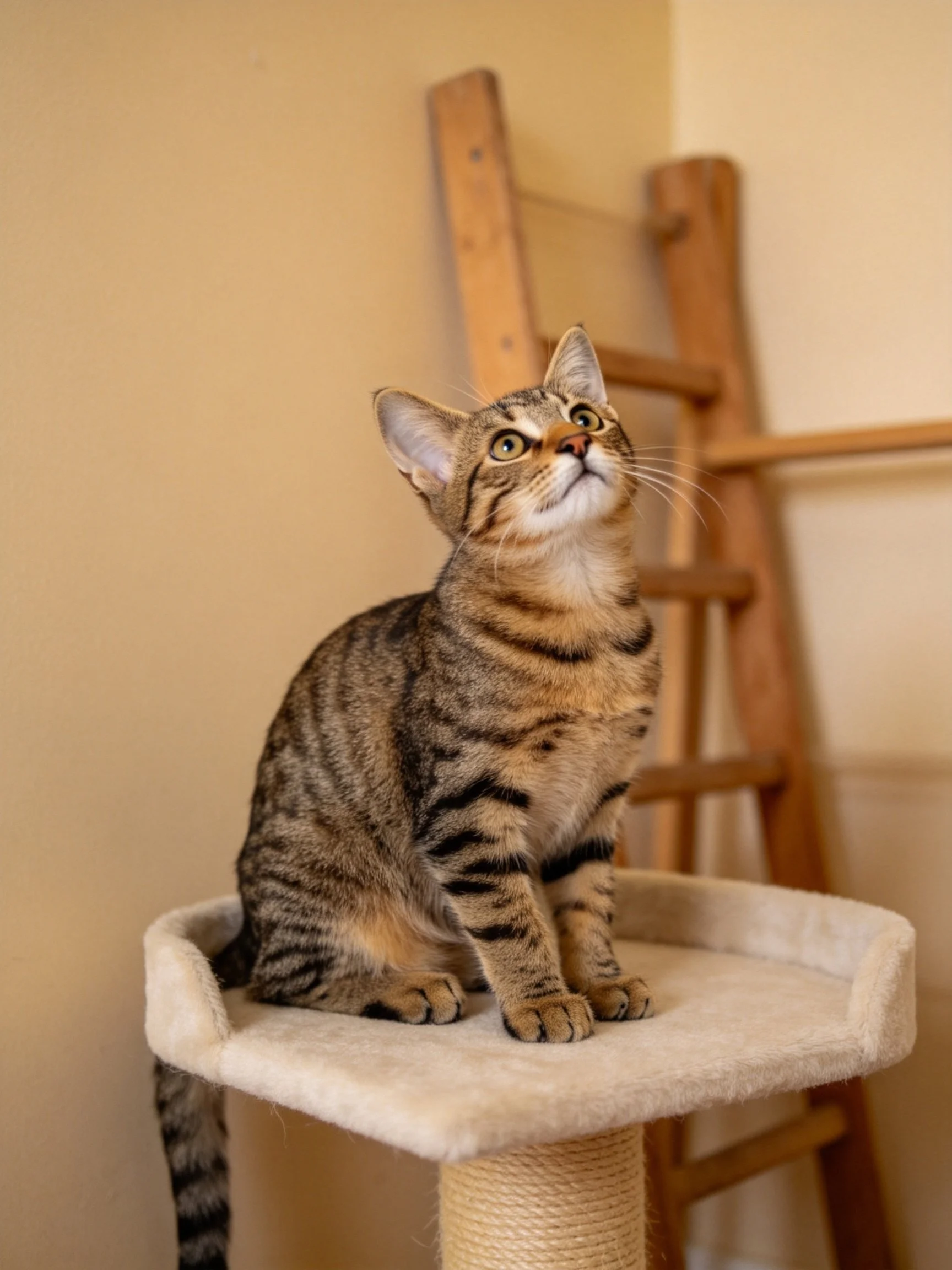A brown tabby cat perches on a beige cat tree near wooden structures
