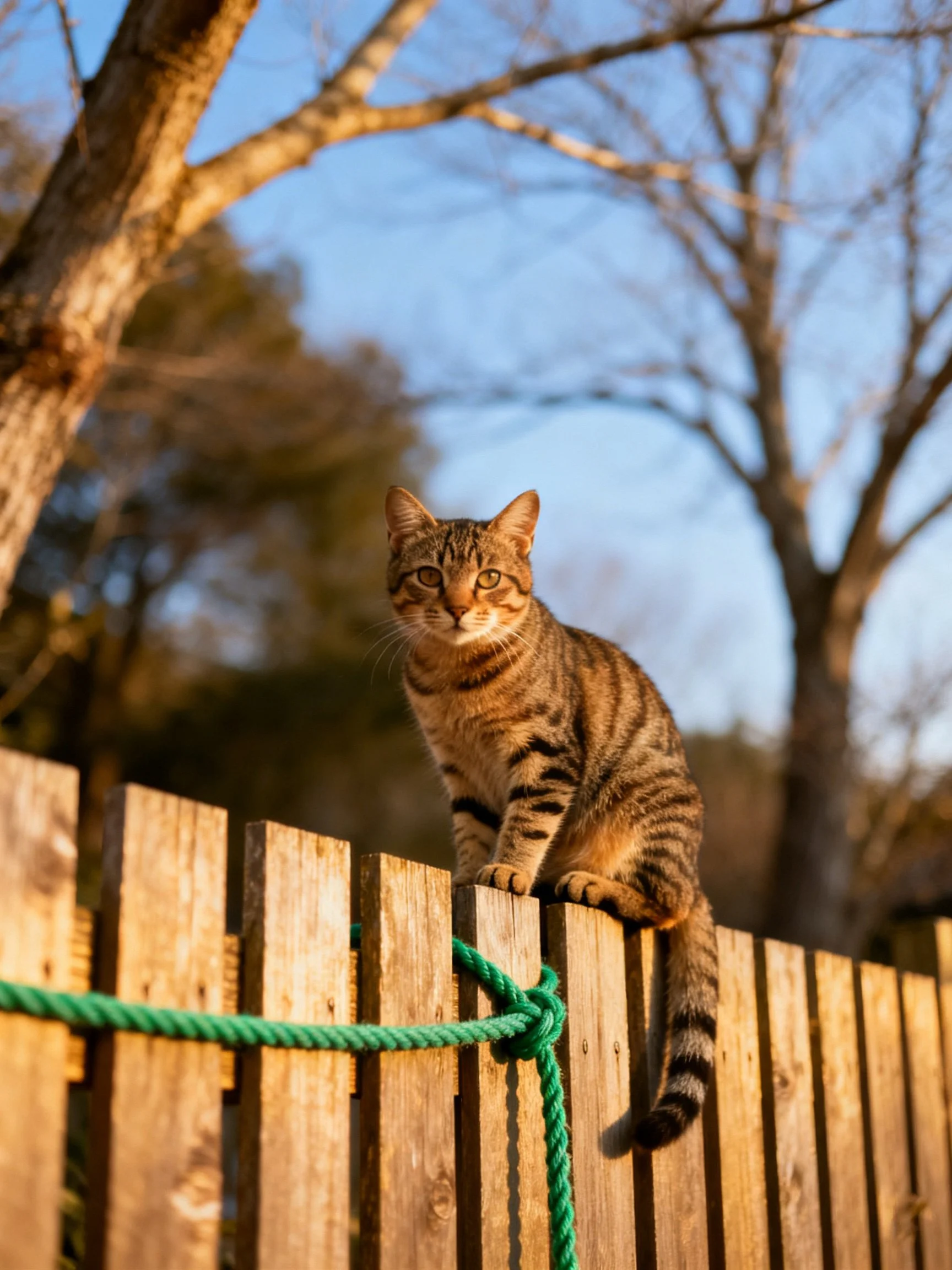 A brown tabby cat perches on a weathered wooden fence with green rope