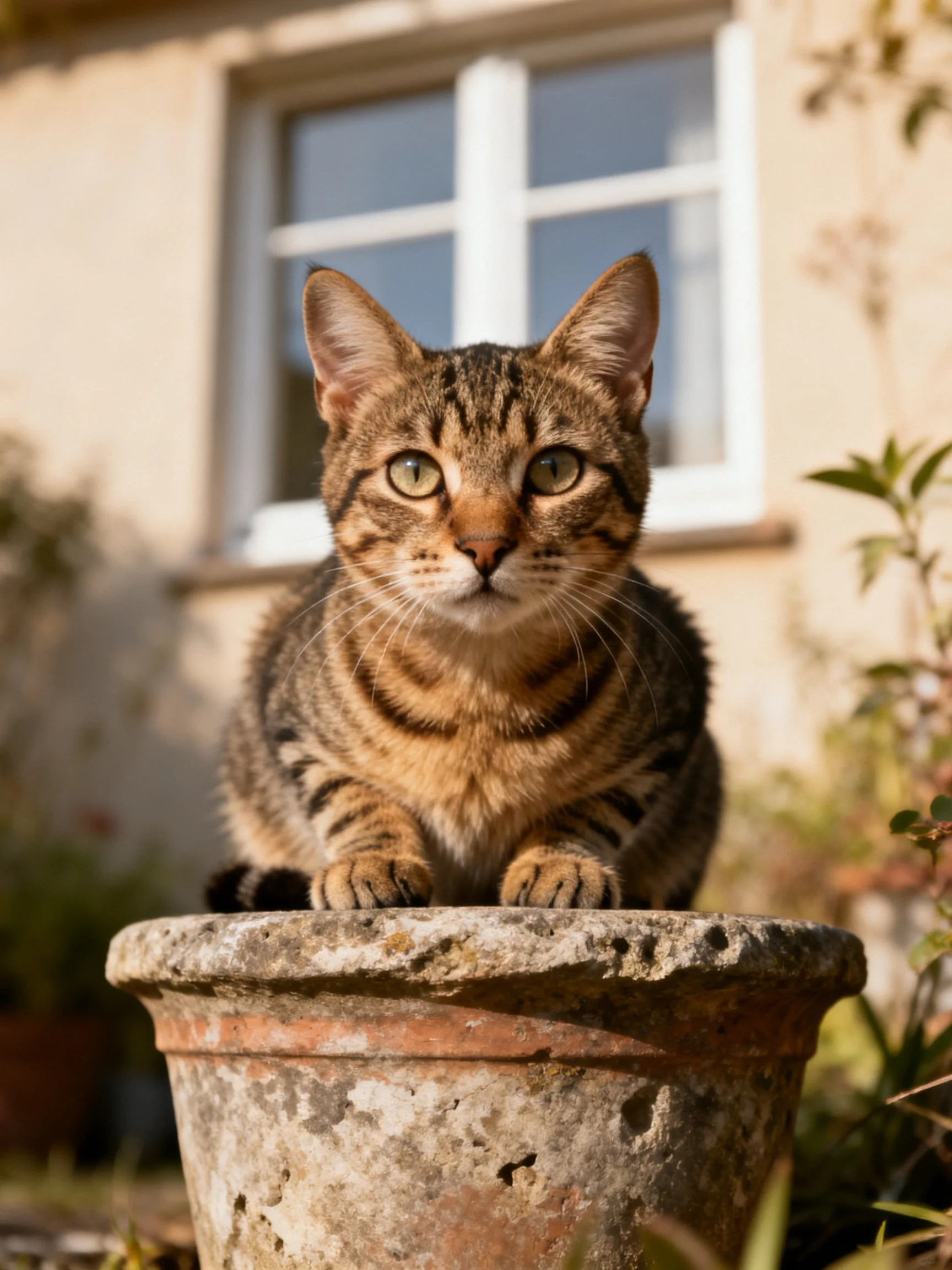 A brown tabby cat sits on an aged stone planter near a house with a window