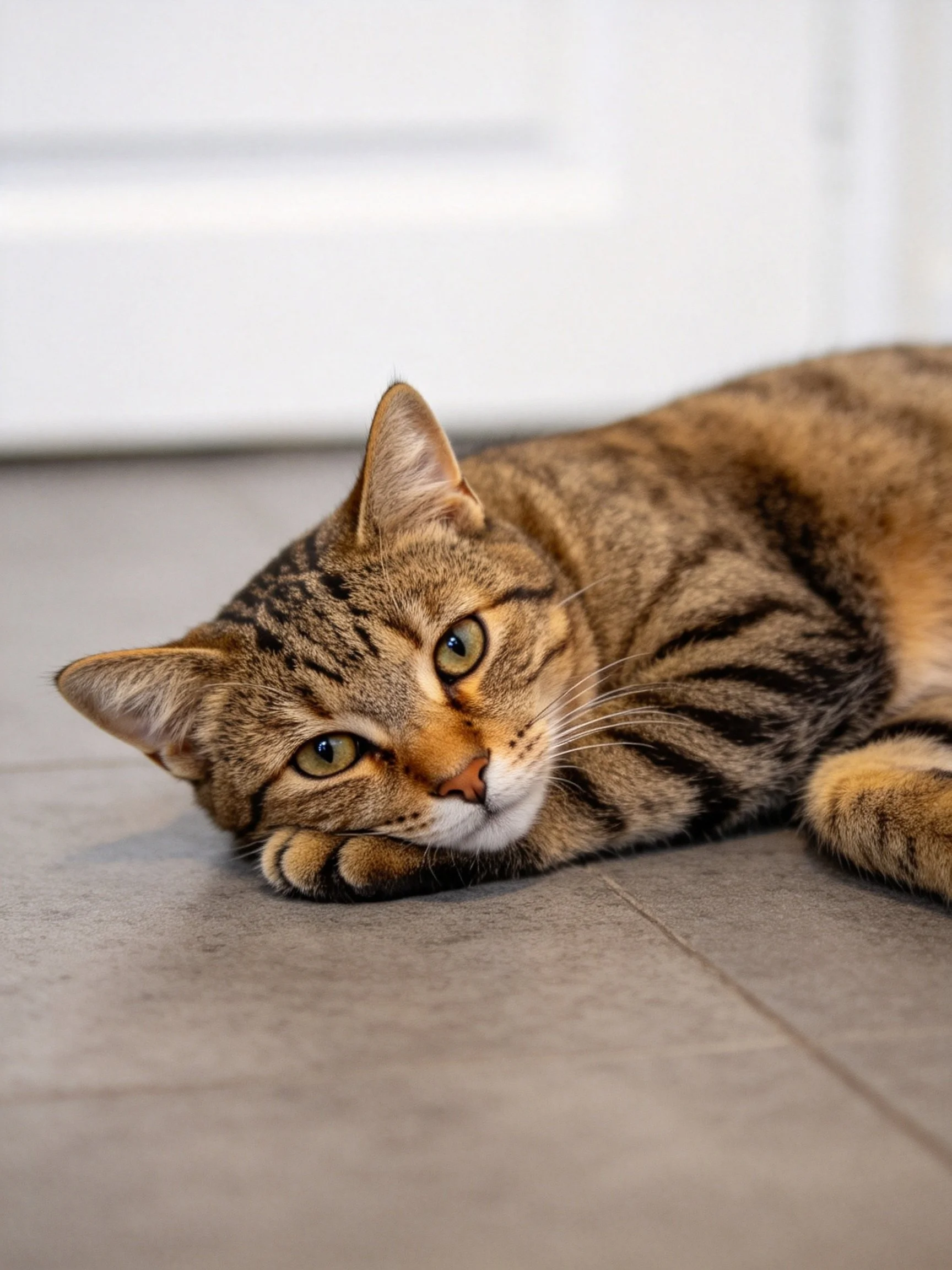 A brown tabby cat reclines on a smooth gray tile floor