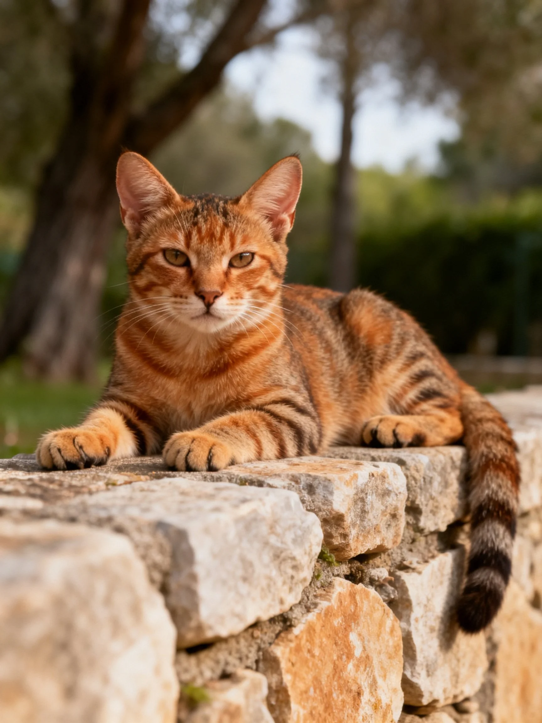 A brown tabby cat relaxes on a stone wall in a natural setting.