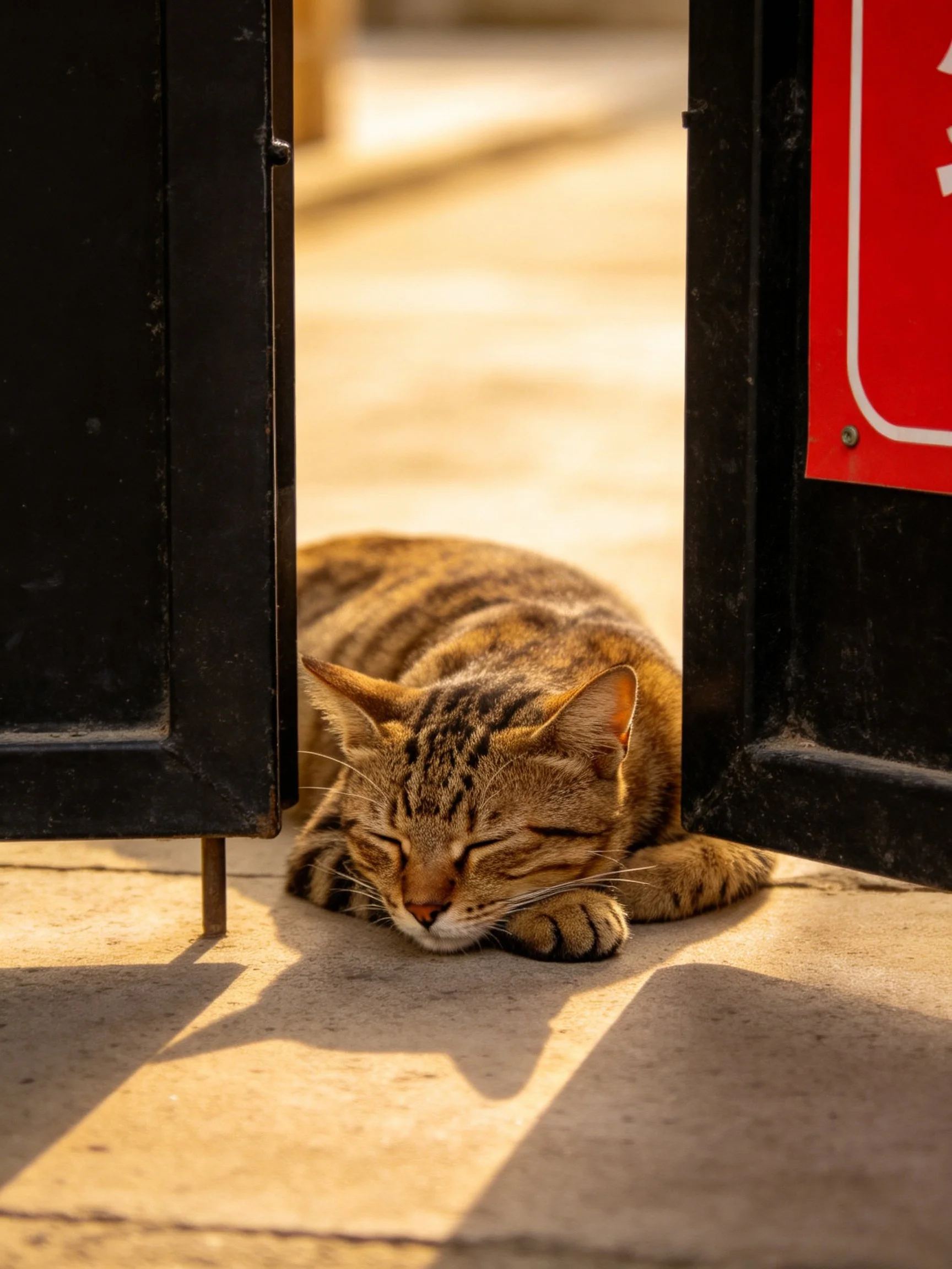 A brown tabby cat sleeps peacefully between open black doorways.