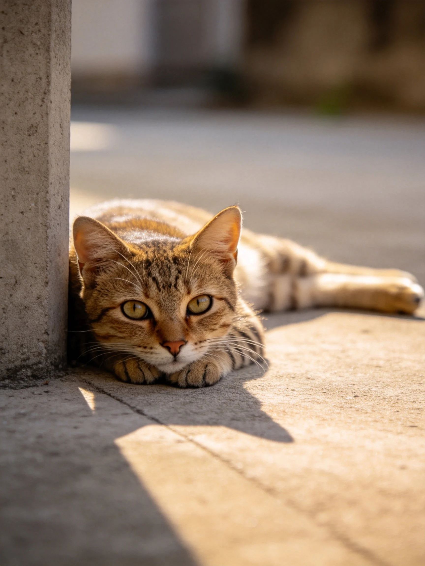 A brown tabby cat resting by a concrete post in sunlight