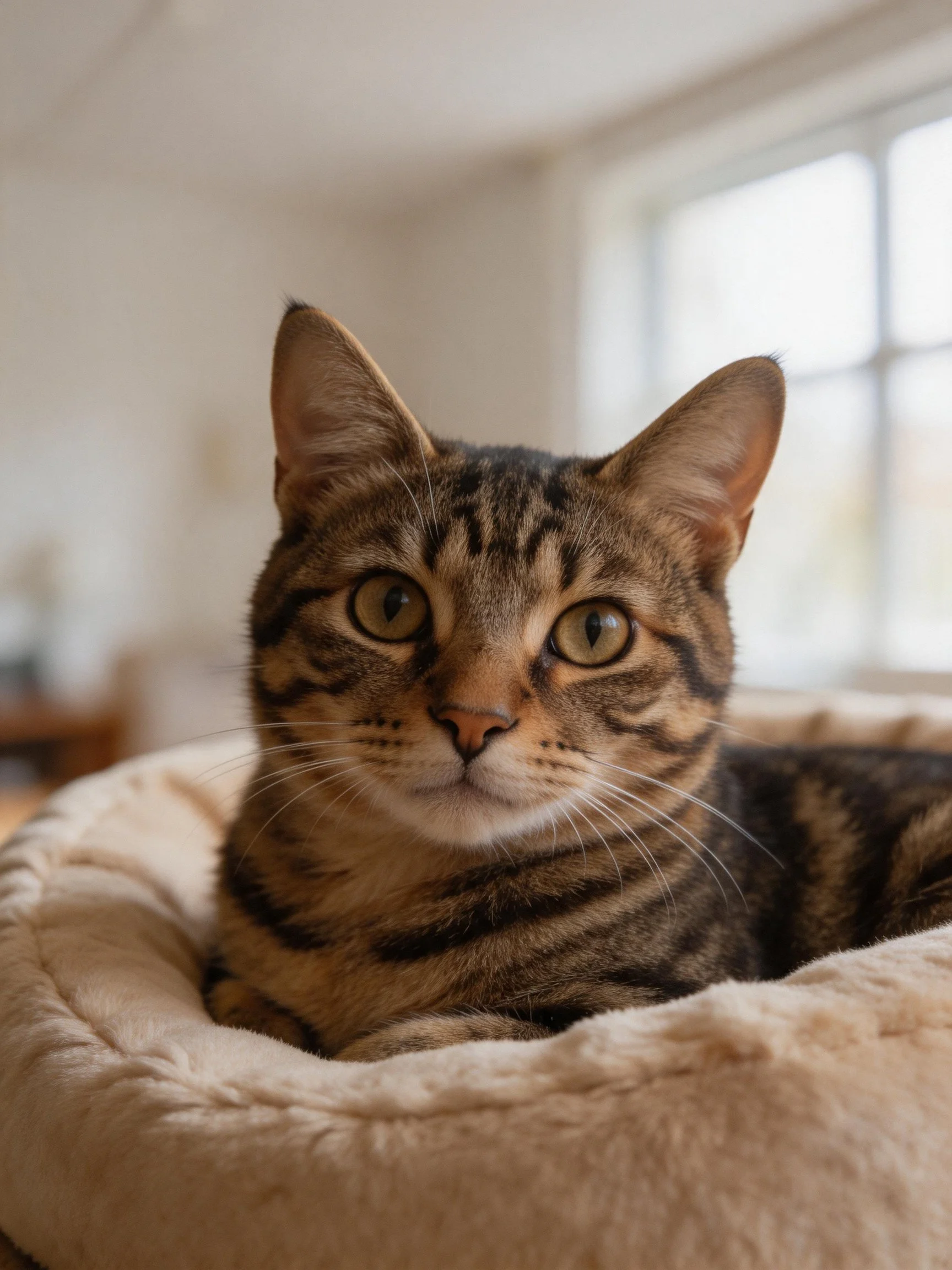 A brown tabby cat resting in a soft beige pet bed near a bright window