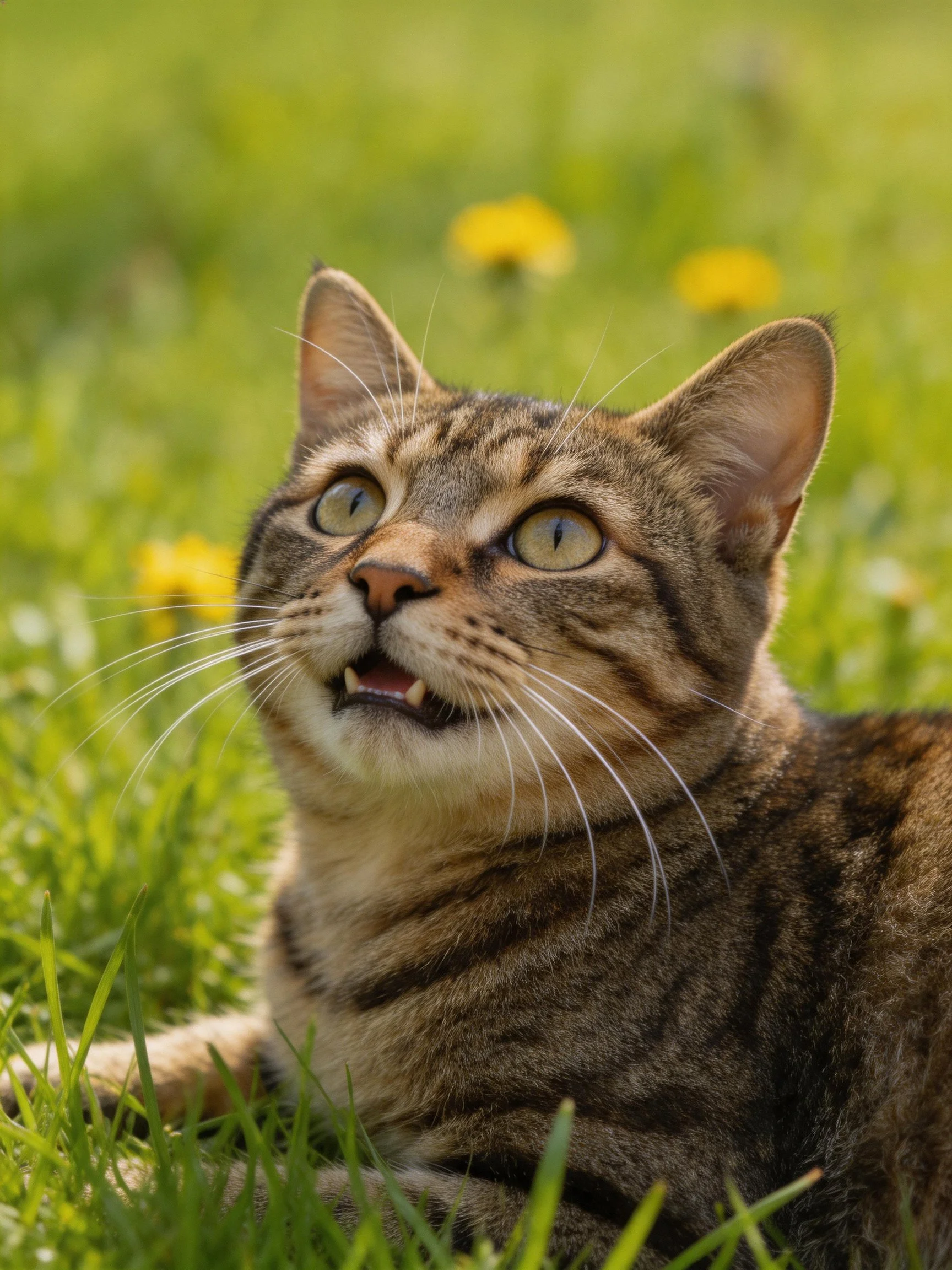 A tabby cat relaxes in a field of green grass with yellow flowers.