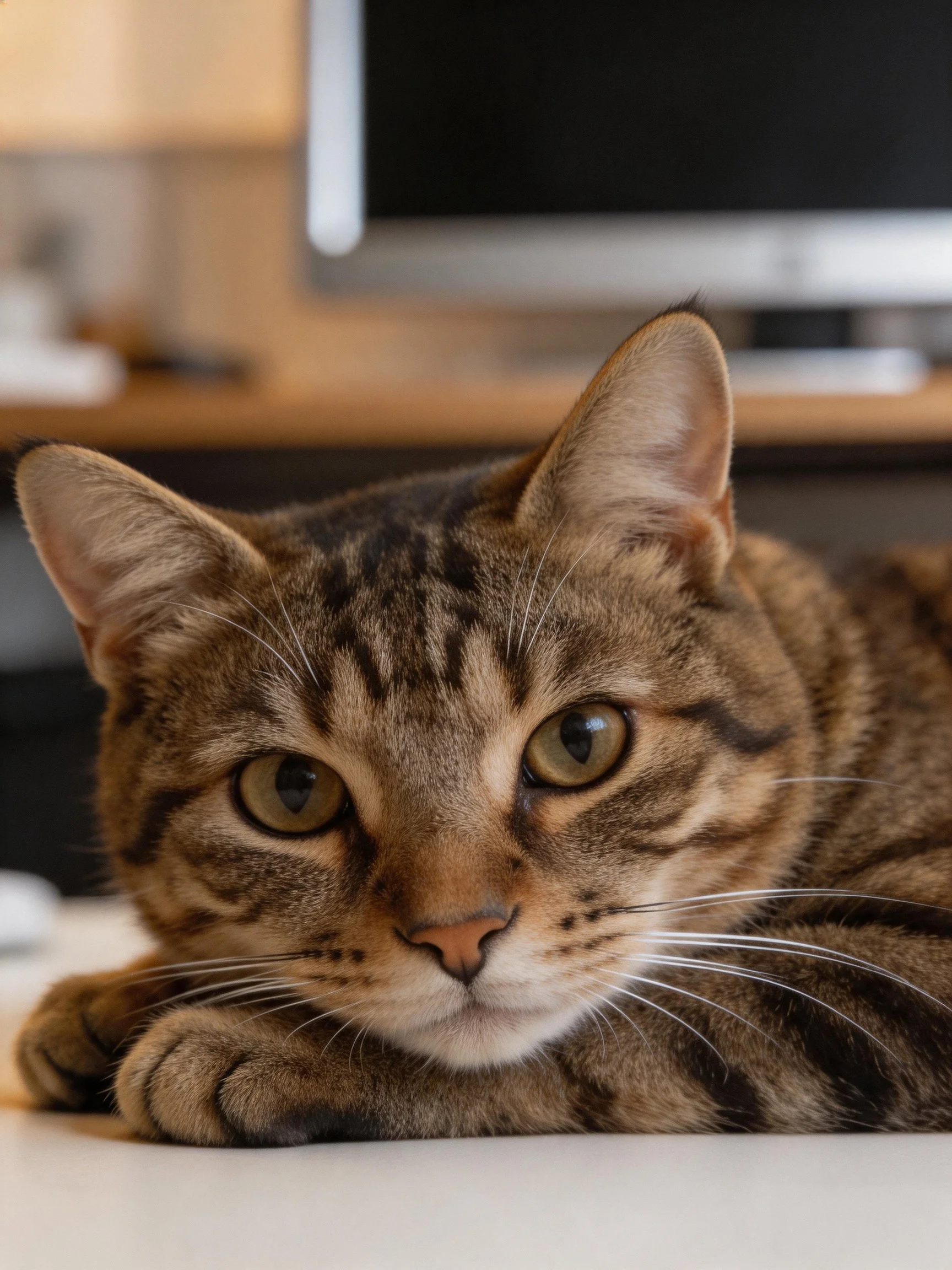 A brown tabby cat rests calmly beside a flat - screen TV.