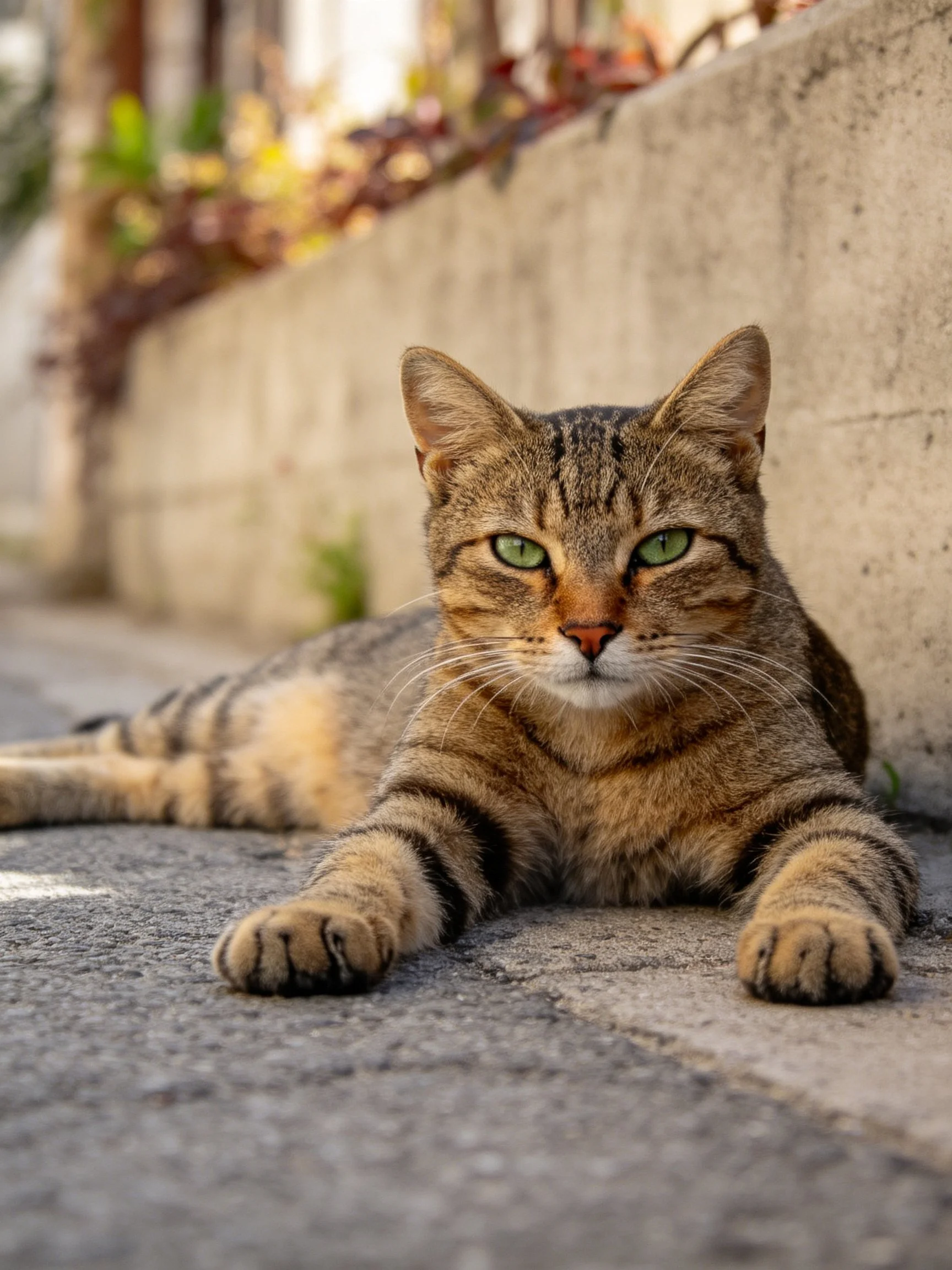 A brown tabby cat relaxes on pavement next to a concrete structure.