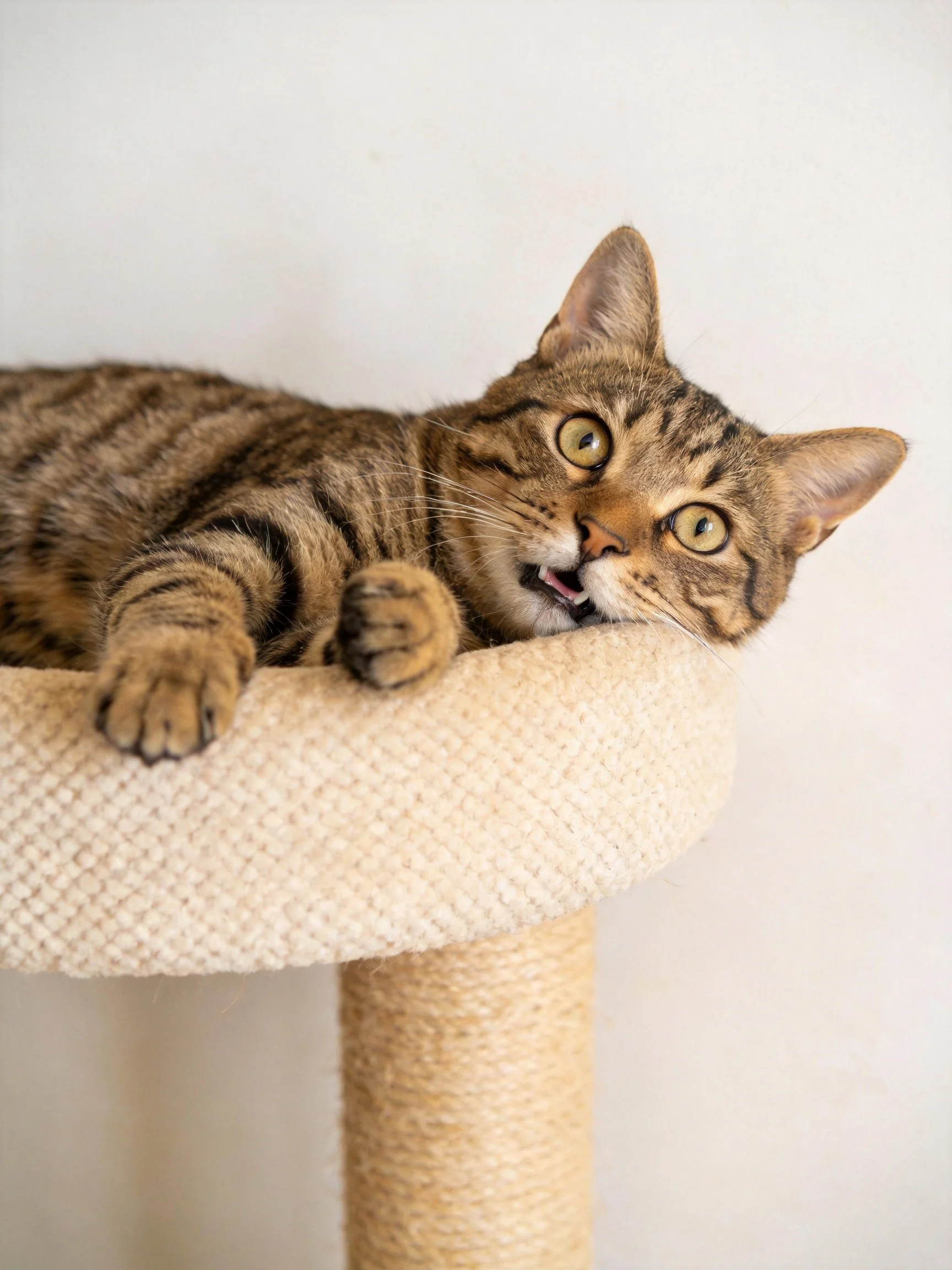 A brown tabby cat resting on a beige cat tree