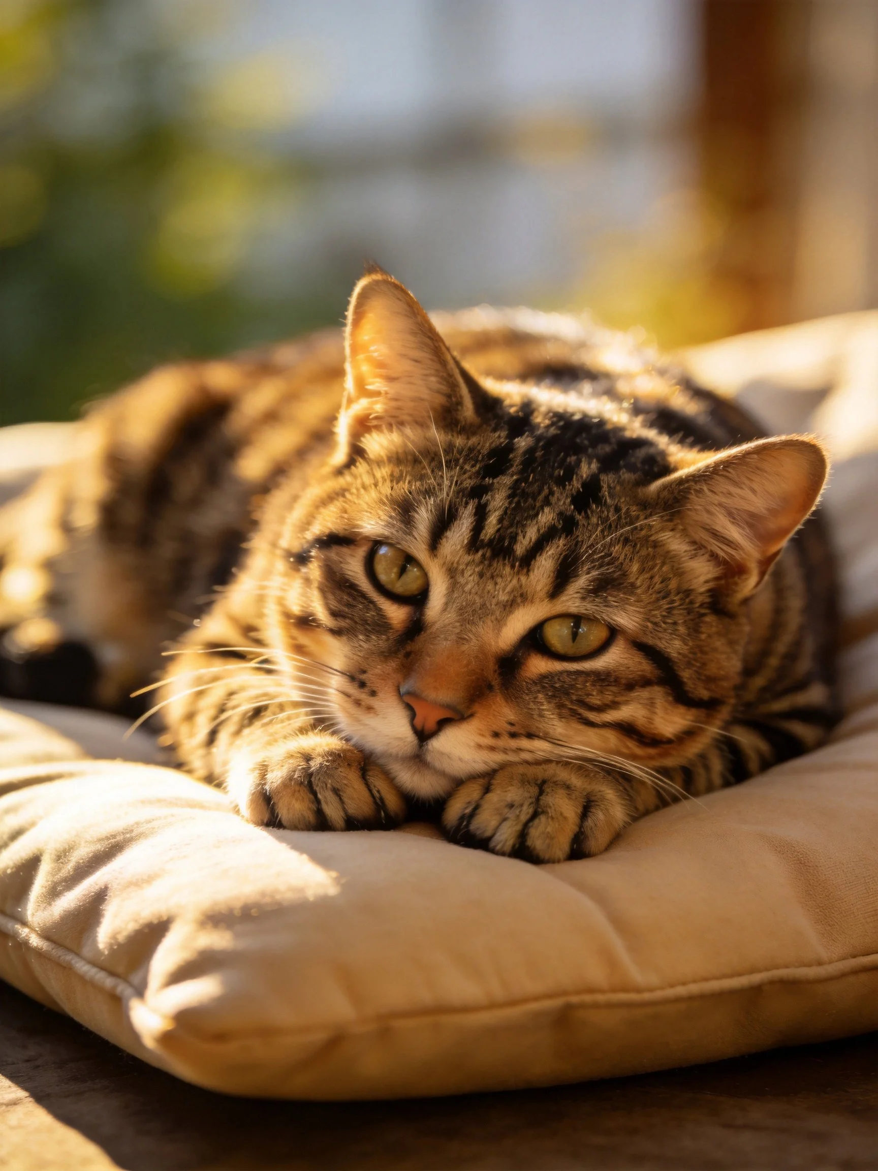 A brown tabby cat resting on a beige cushion in warm sunlight