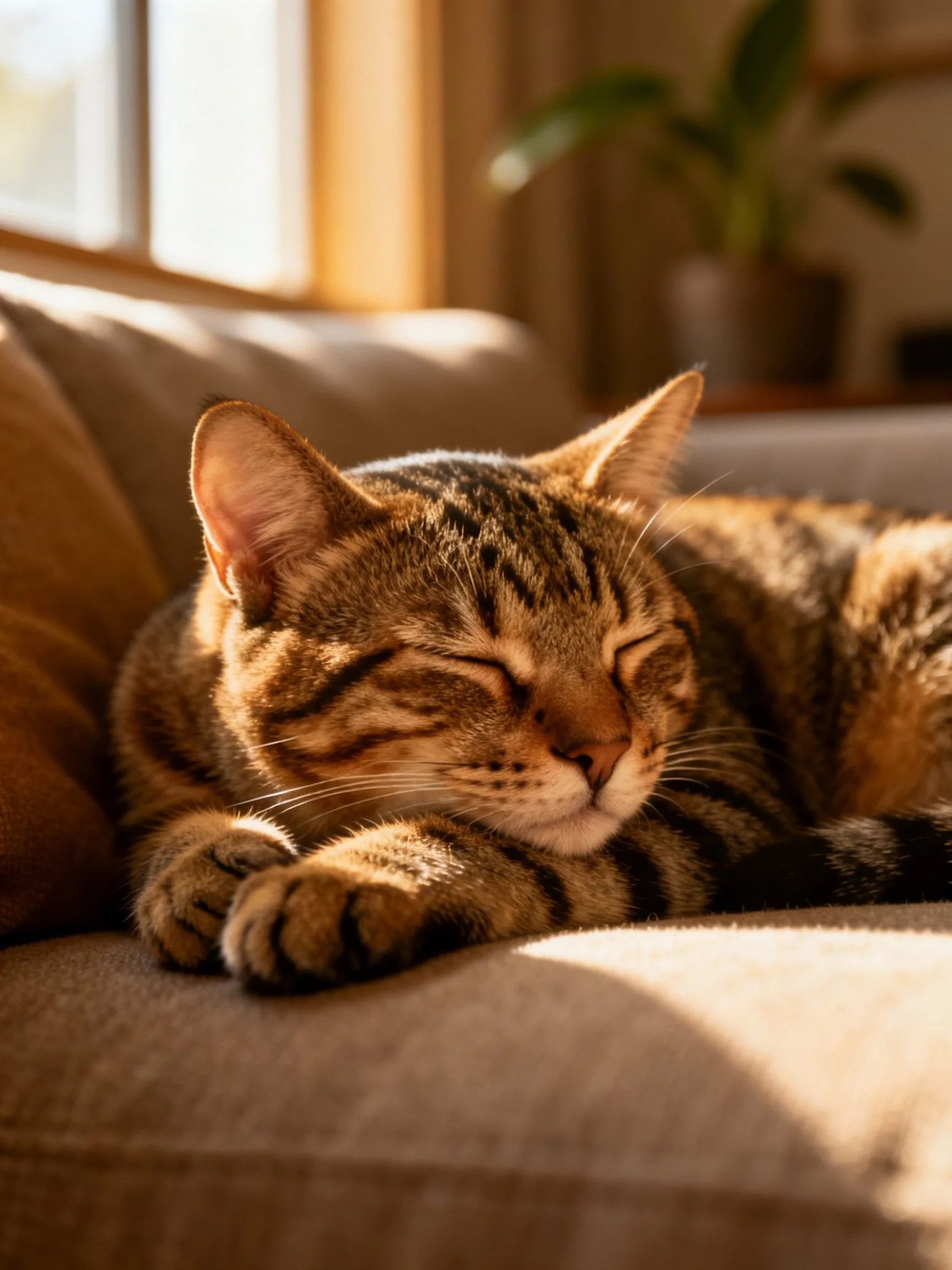 A brown tabby cat resting on a beige sofa in warm sunlight