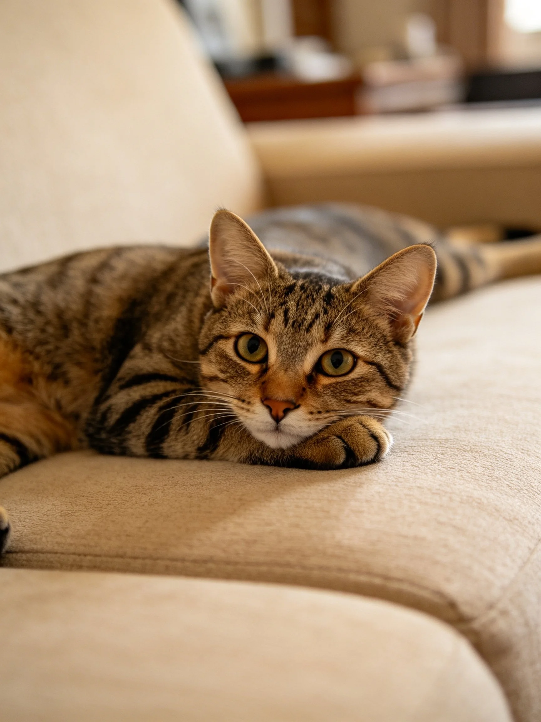 A brown tabby cat resting on a beige sofa