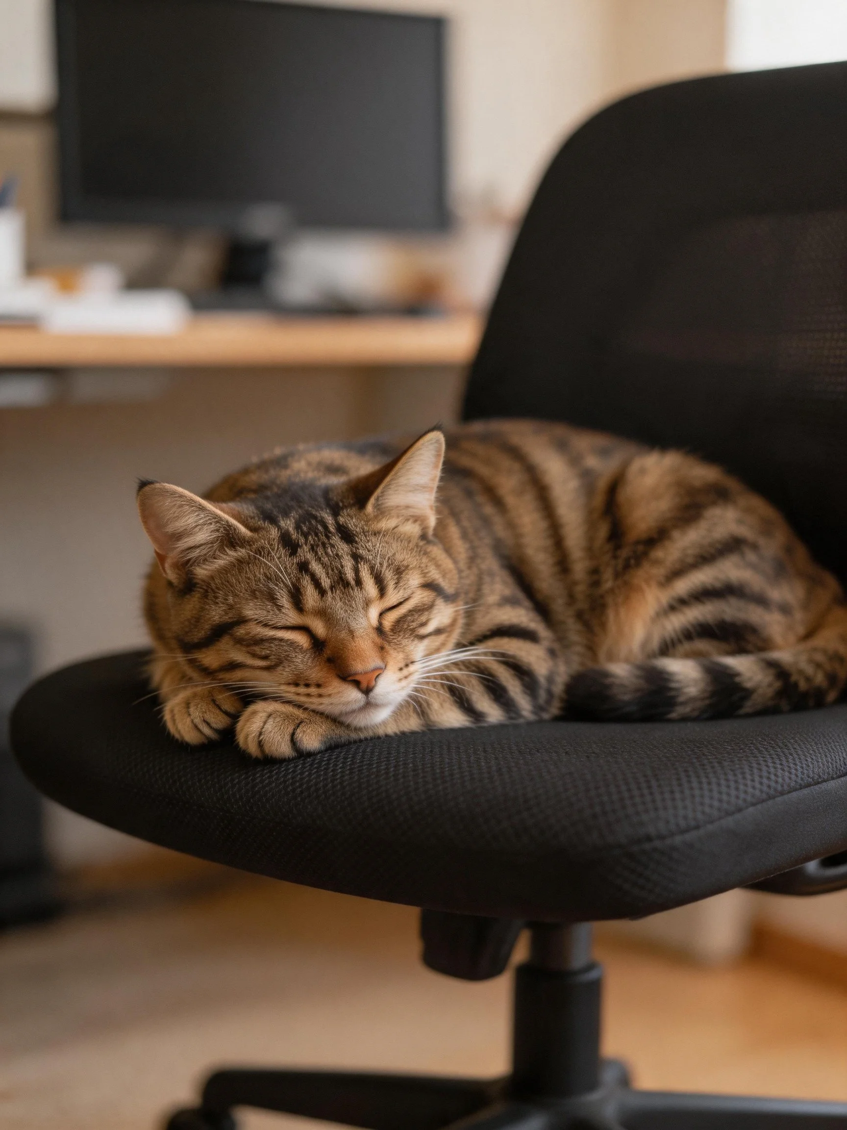 A brown tabby cat sleeps peacefully on an office chair.
