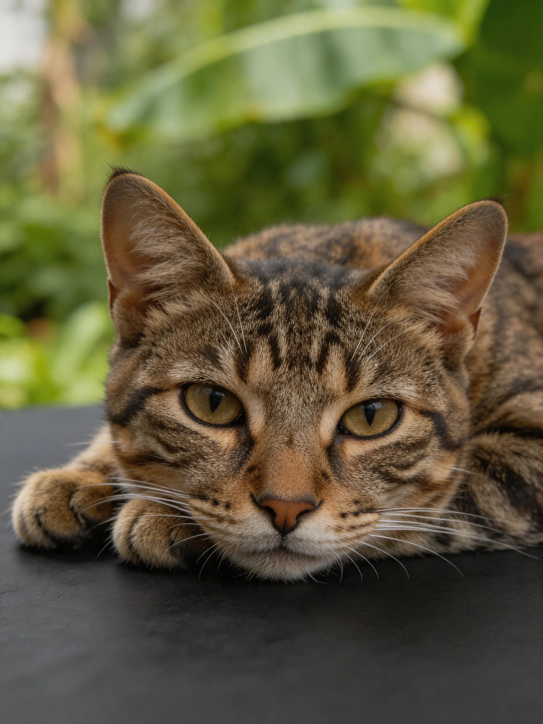 A brown tabby cat rests on a dark surface with greenery in the background