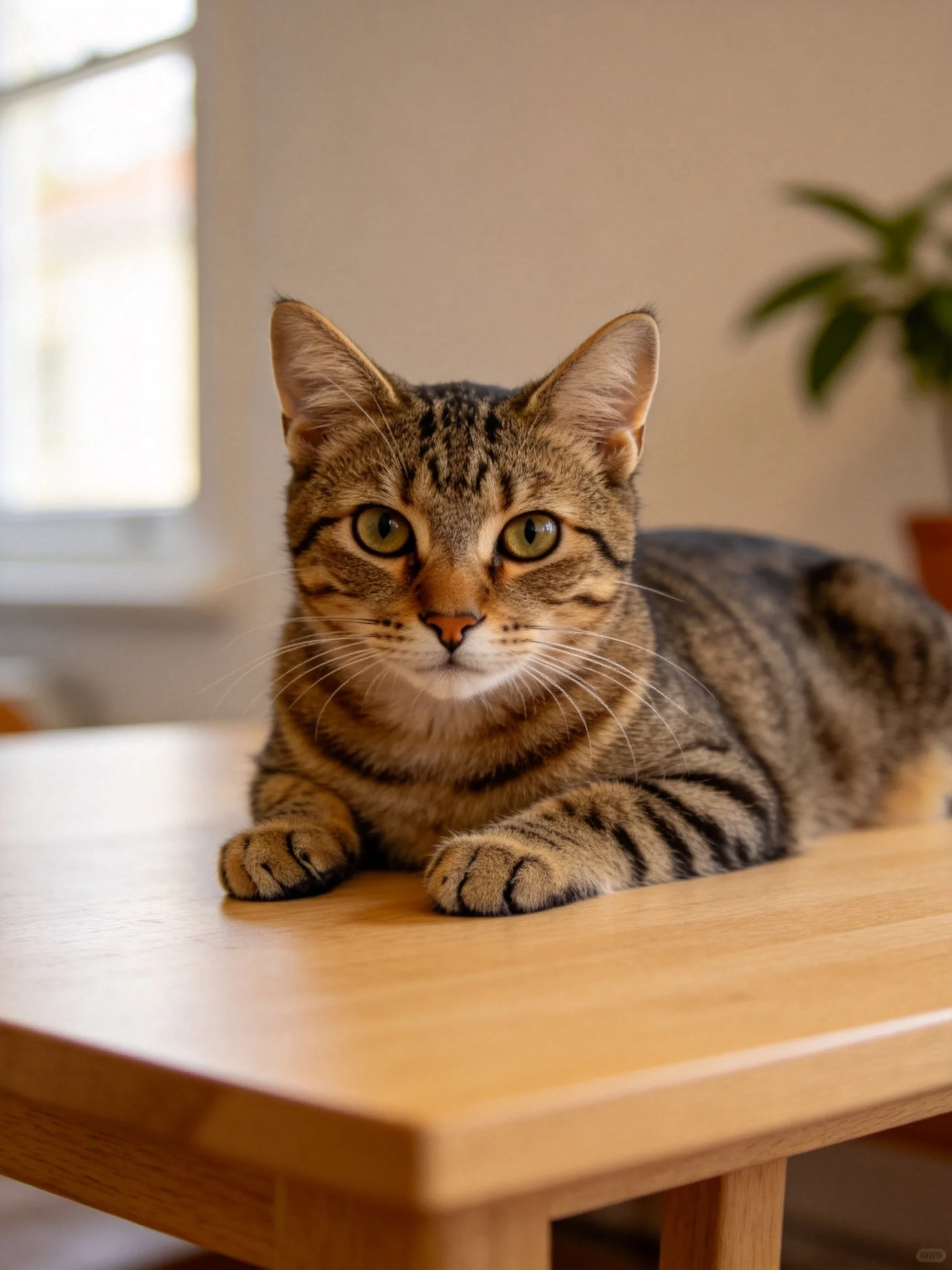 A brown tabby cat resting on a light wood table indoors