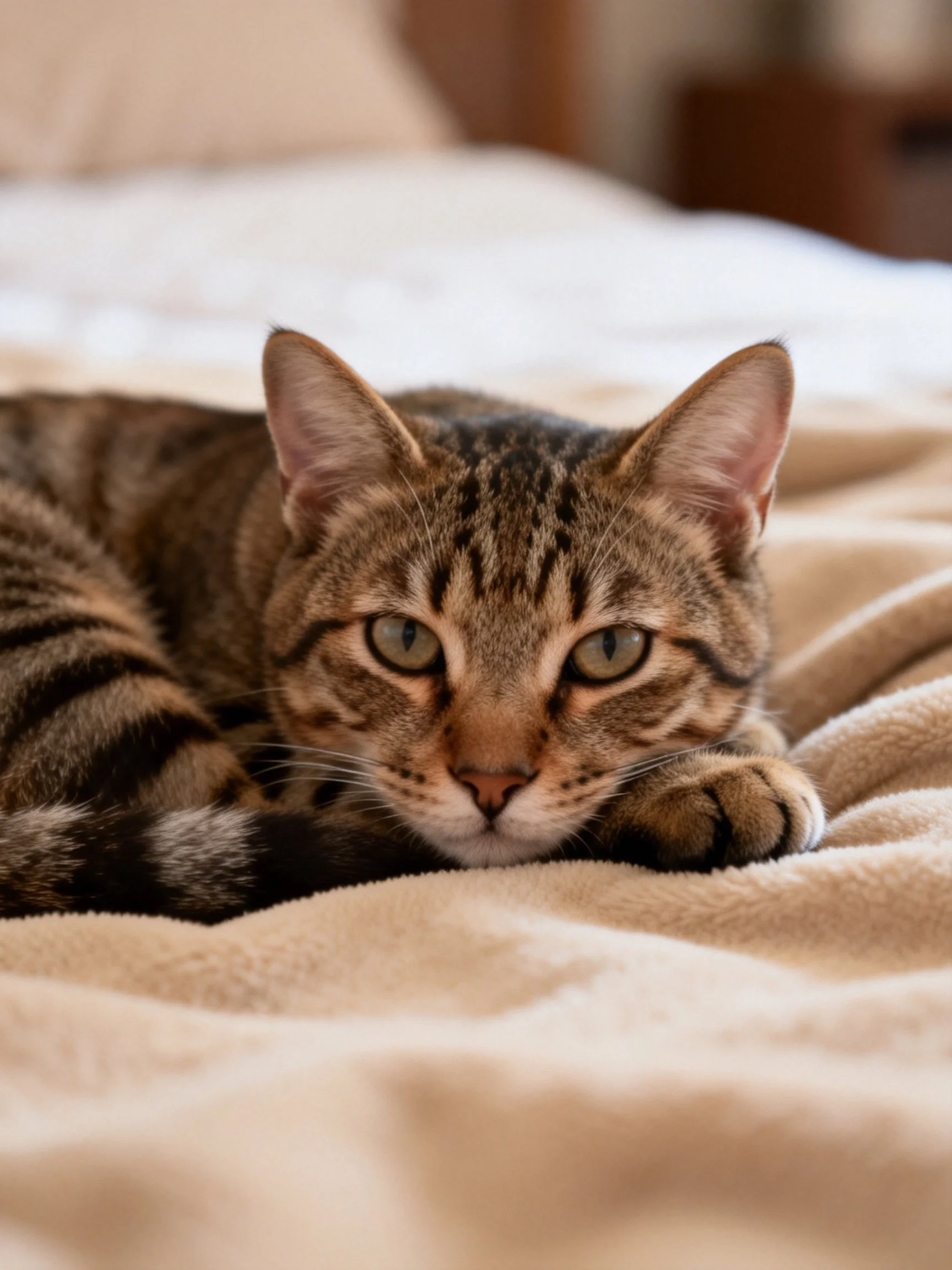 A brown tabby cat lies comfortably on a plush beige fabric surface.