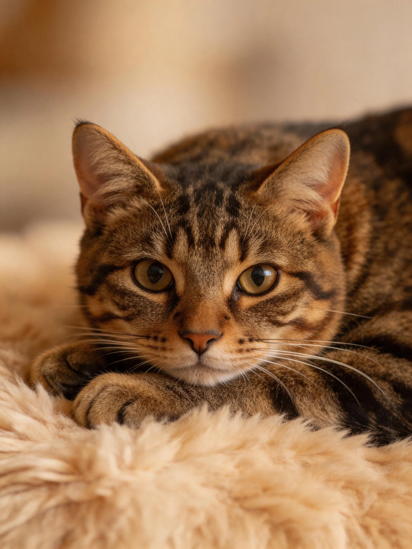 A brown tabby cat rests comfortably on a plush beige blanket.
