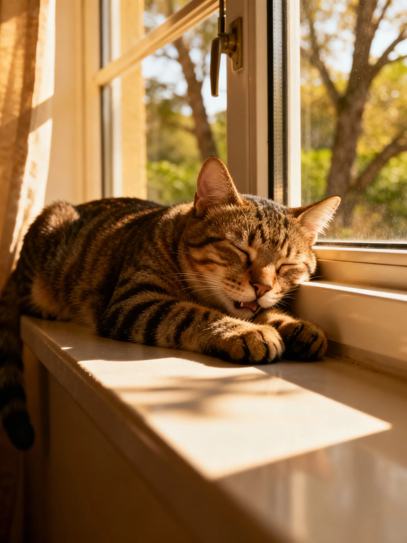 A brown tabby cat rests peacefully on a sunlit windowsill.
