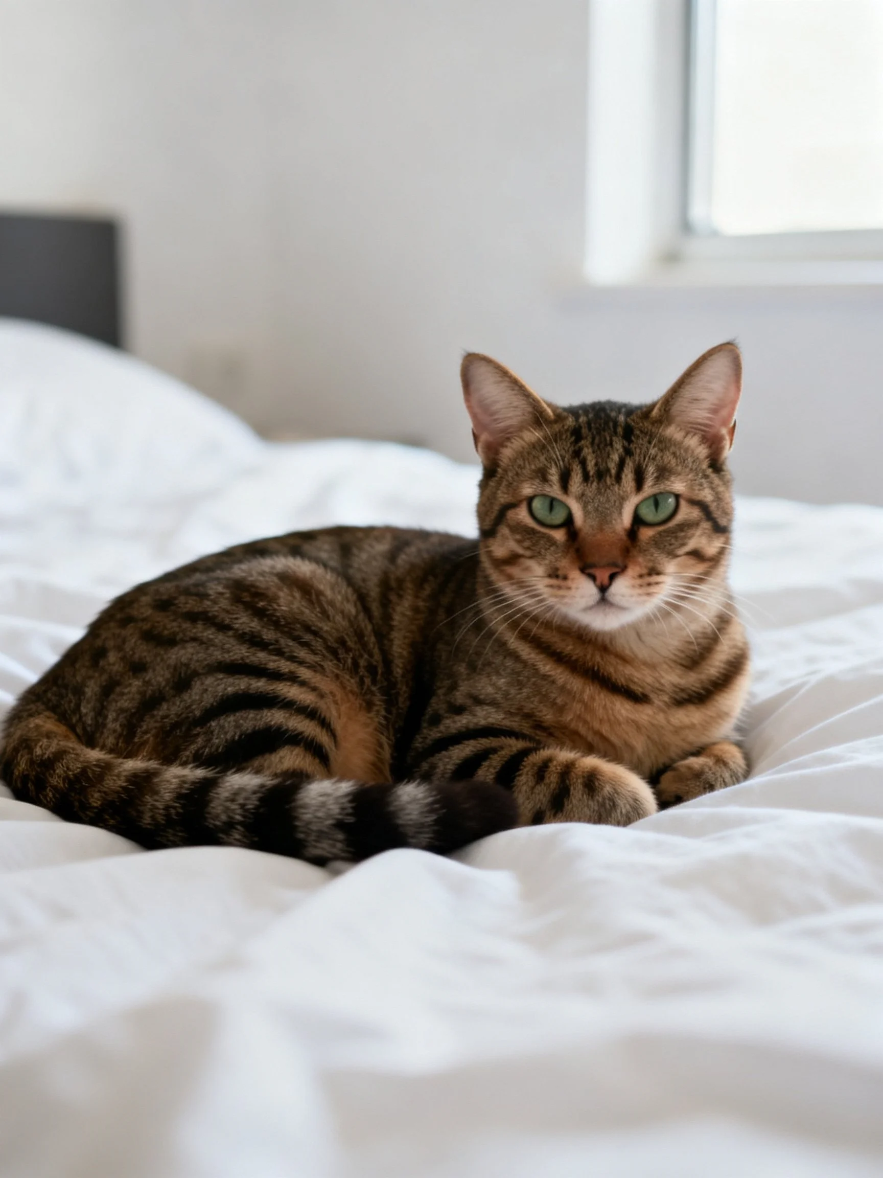 A brown tabby cat resting on a white bed near a window
