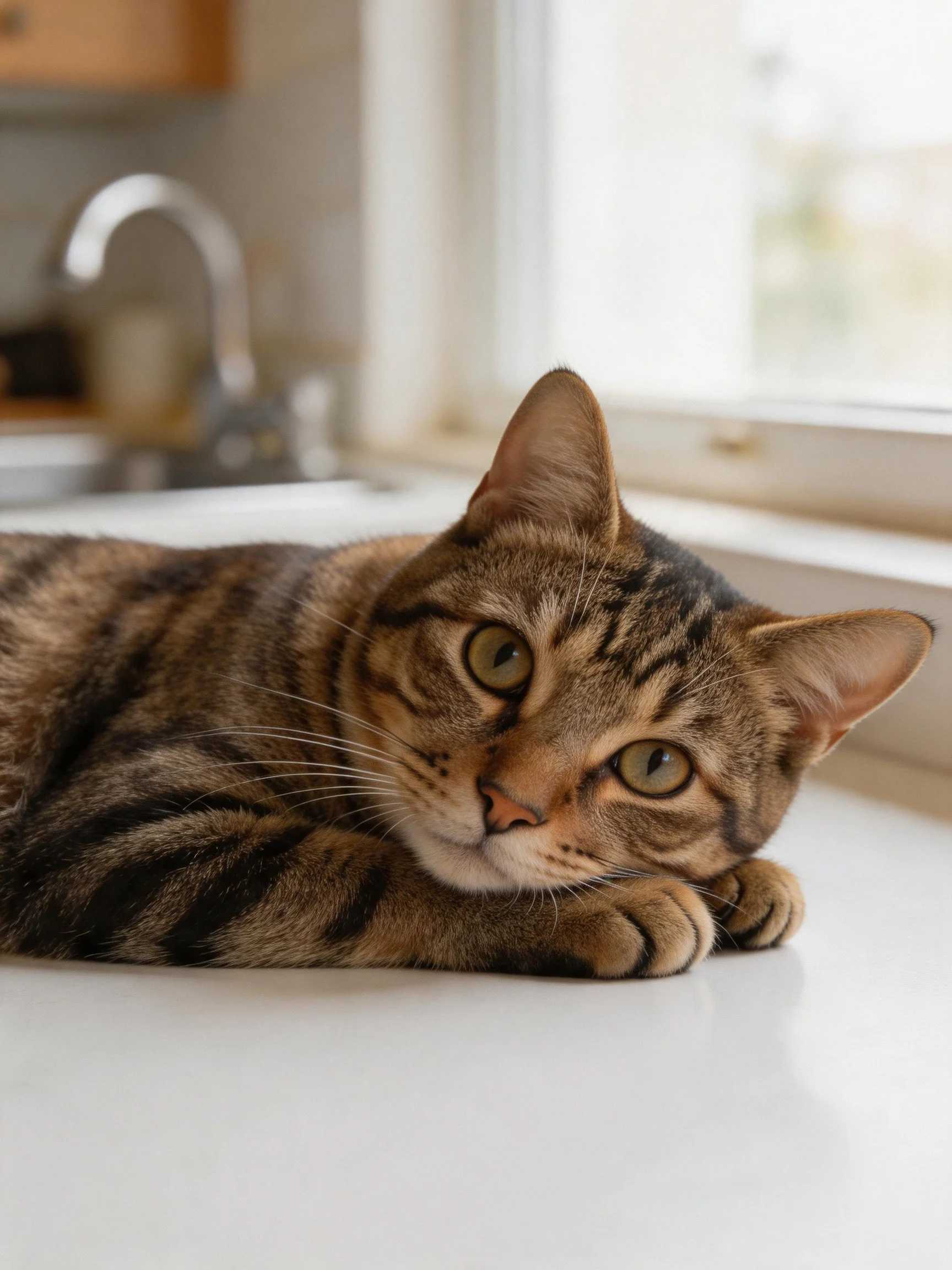 A brown tabby cat relaxes on a white surface near a bright kitchen window.