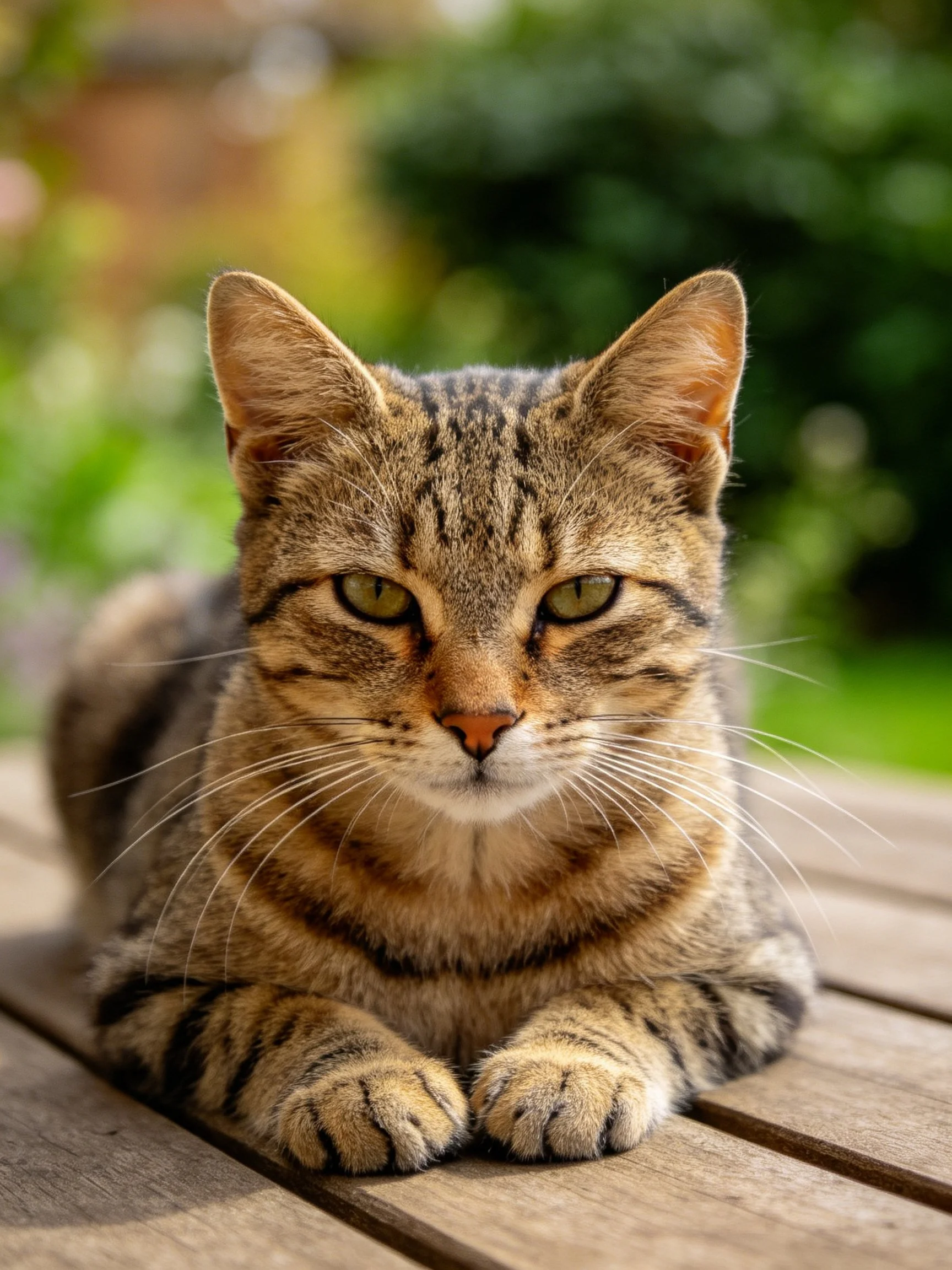 A brown tabby cat lies peacefully on a wooden surface amid an outdoor backdrop.