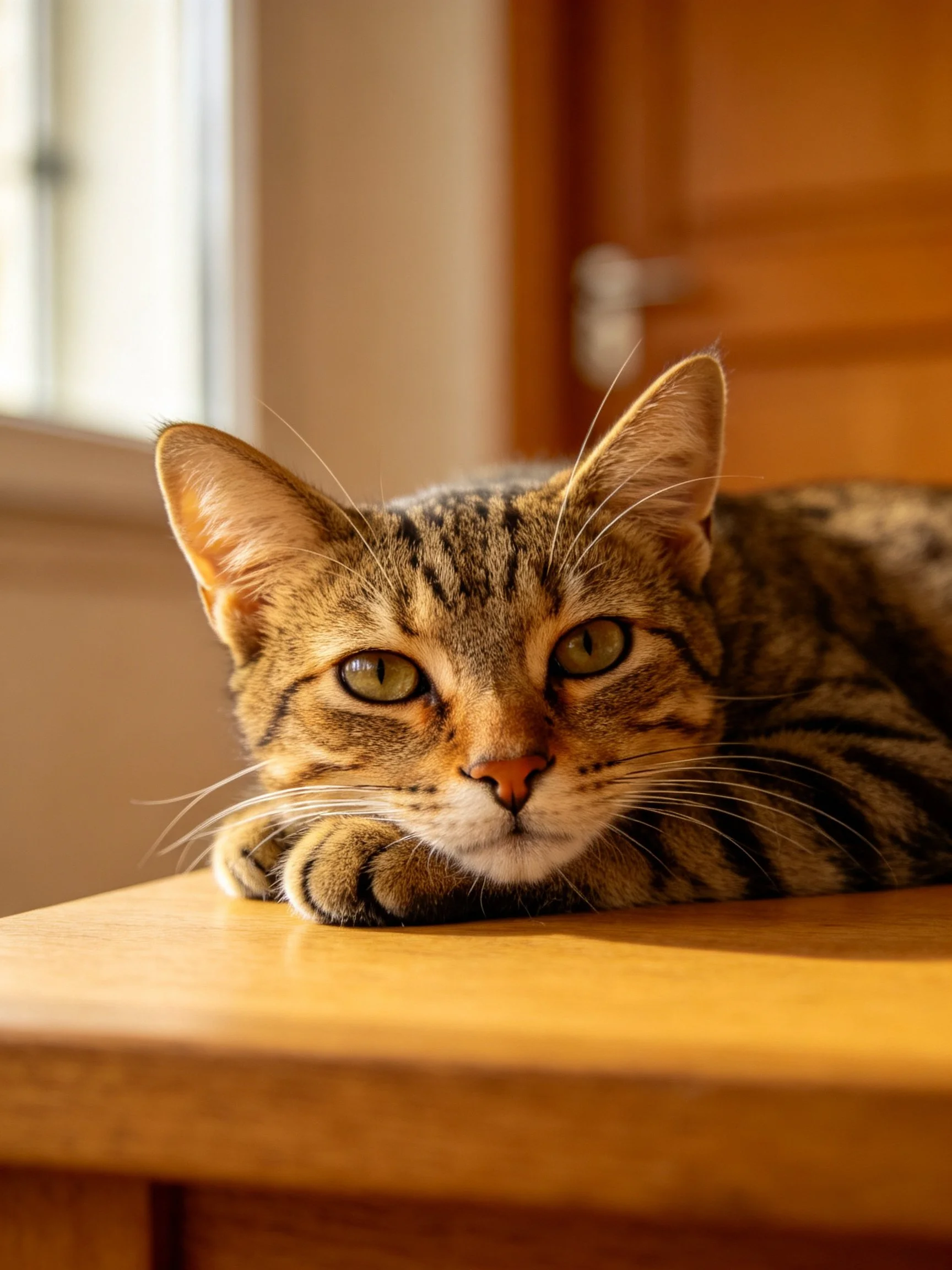 A brown tabby cat lies calmly on a wooden table inside a home.