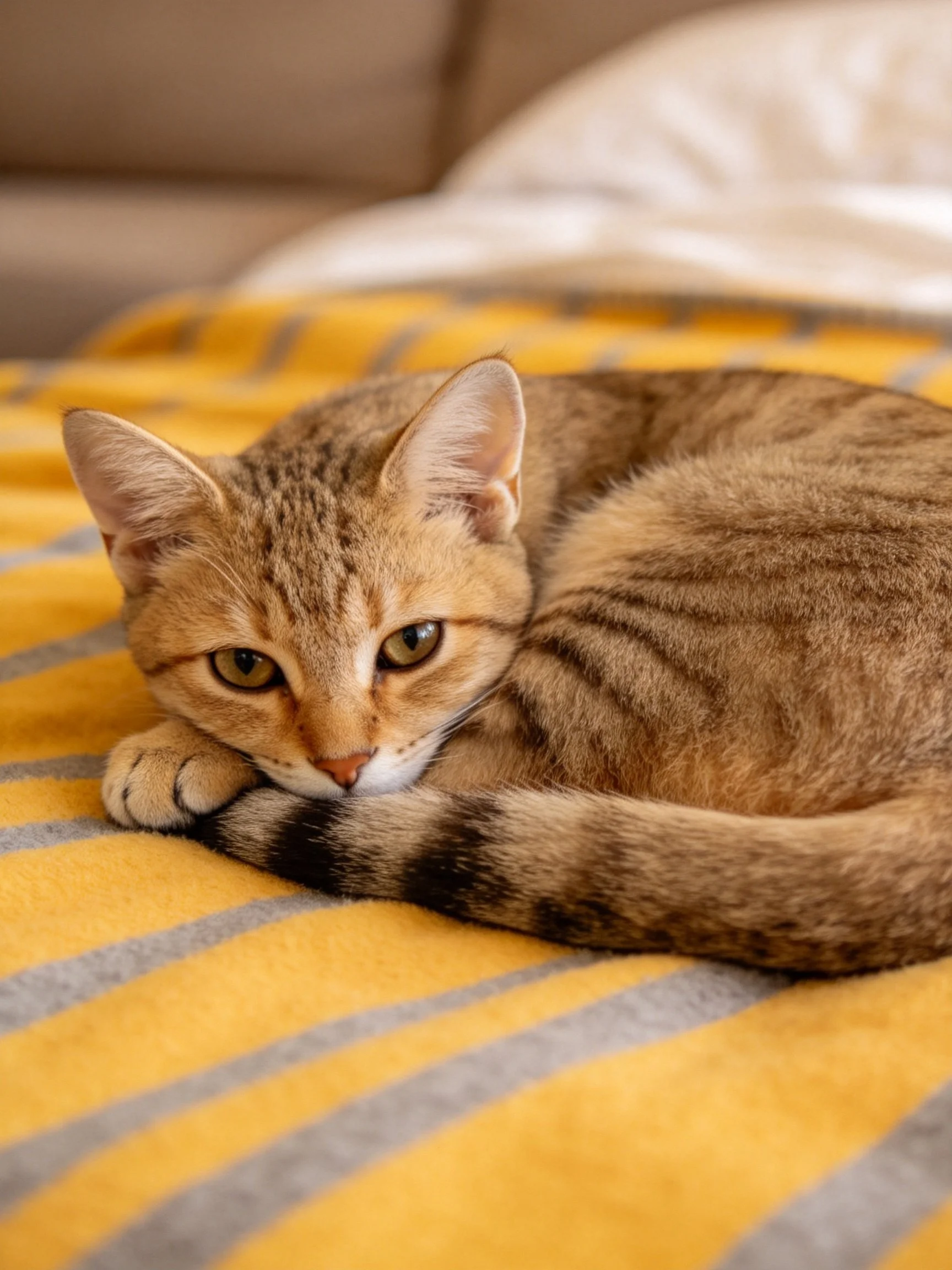 A brown tabby cat relaxes on a yellow and gray striped blanket.