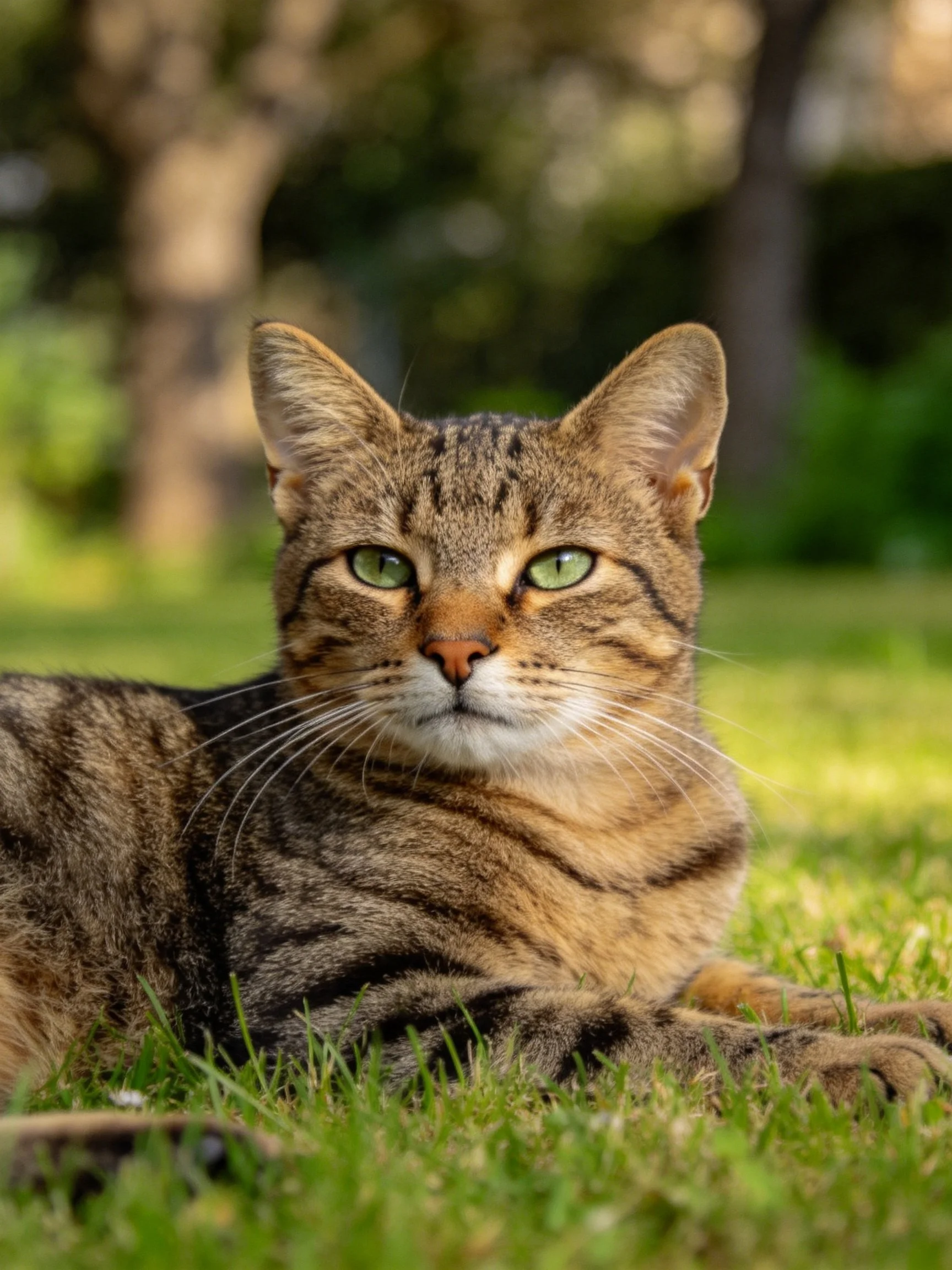 A brown tabby cat resting on lush green grass in a sunlit outdoor setting