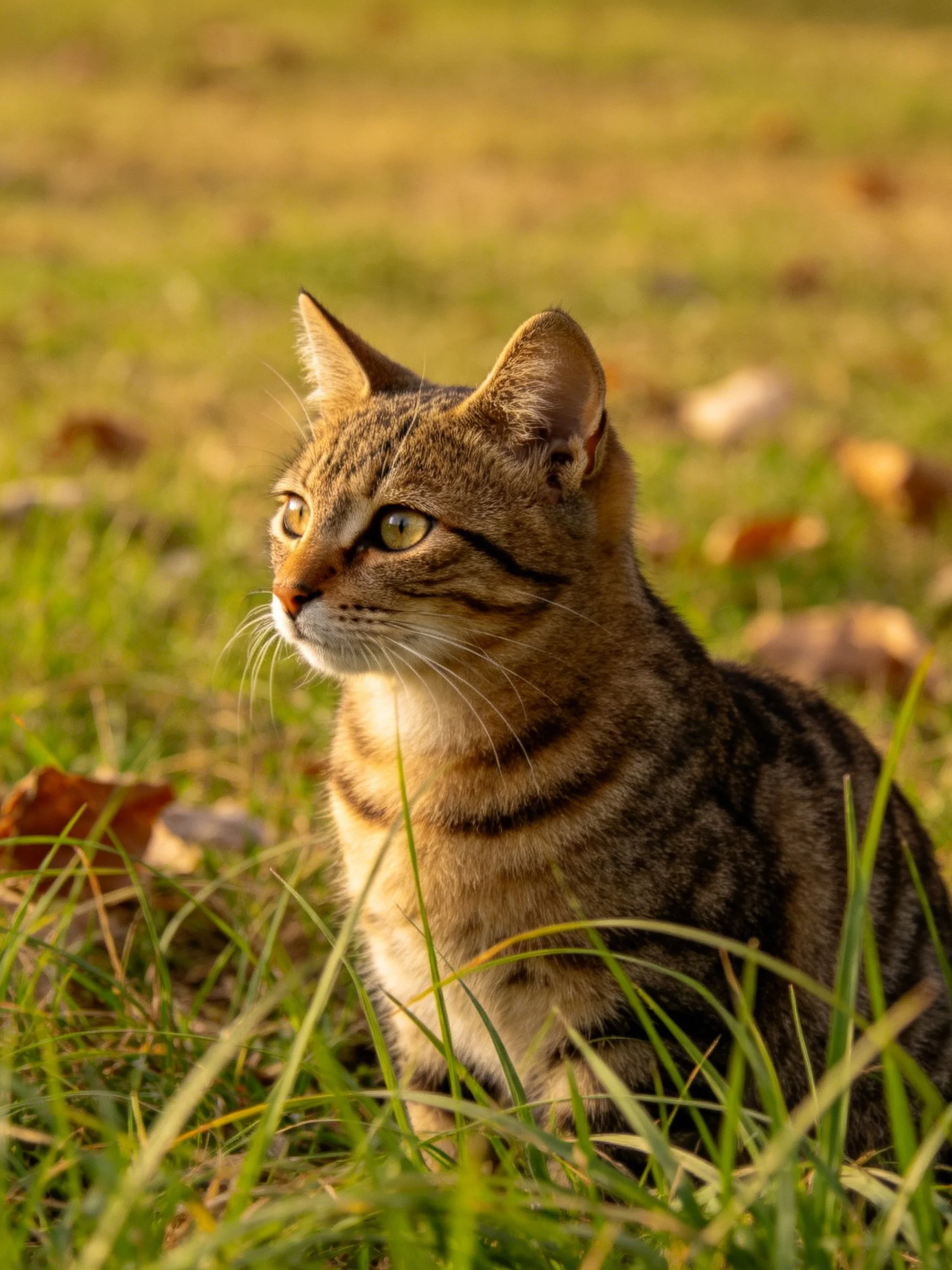 A brown tabby cat rests amid tall green grass and scattered autumn leaves