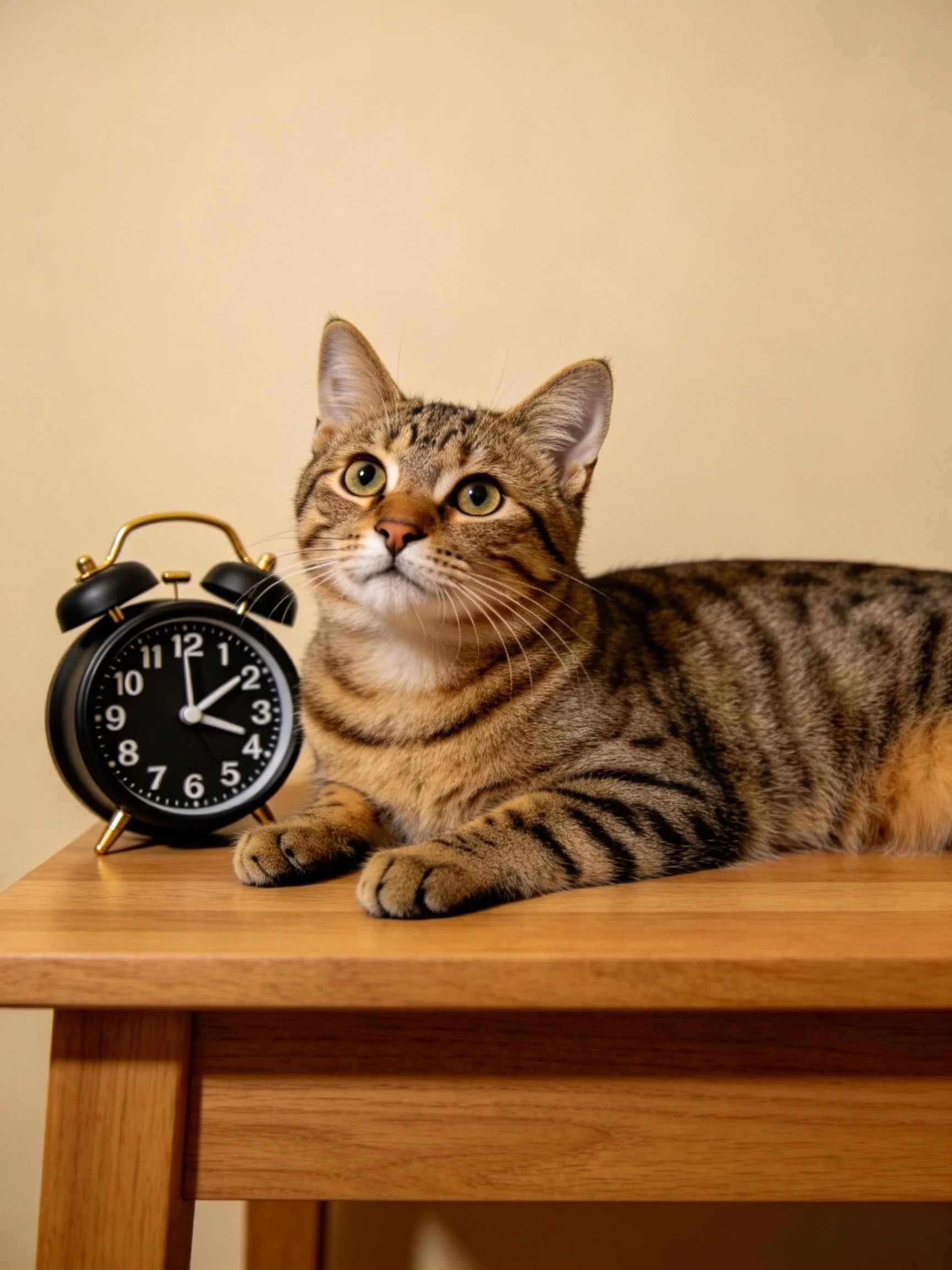A tabby cat sits next to a black alarm clock on a wooden table