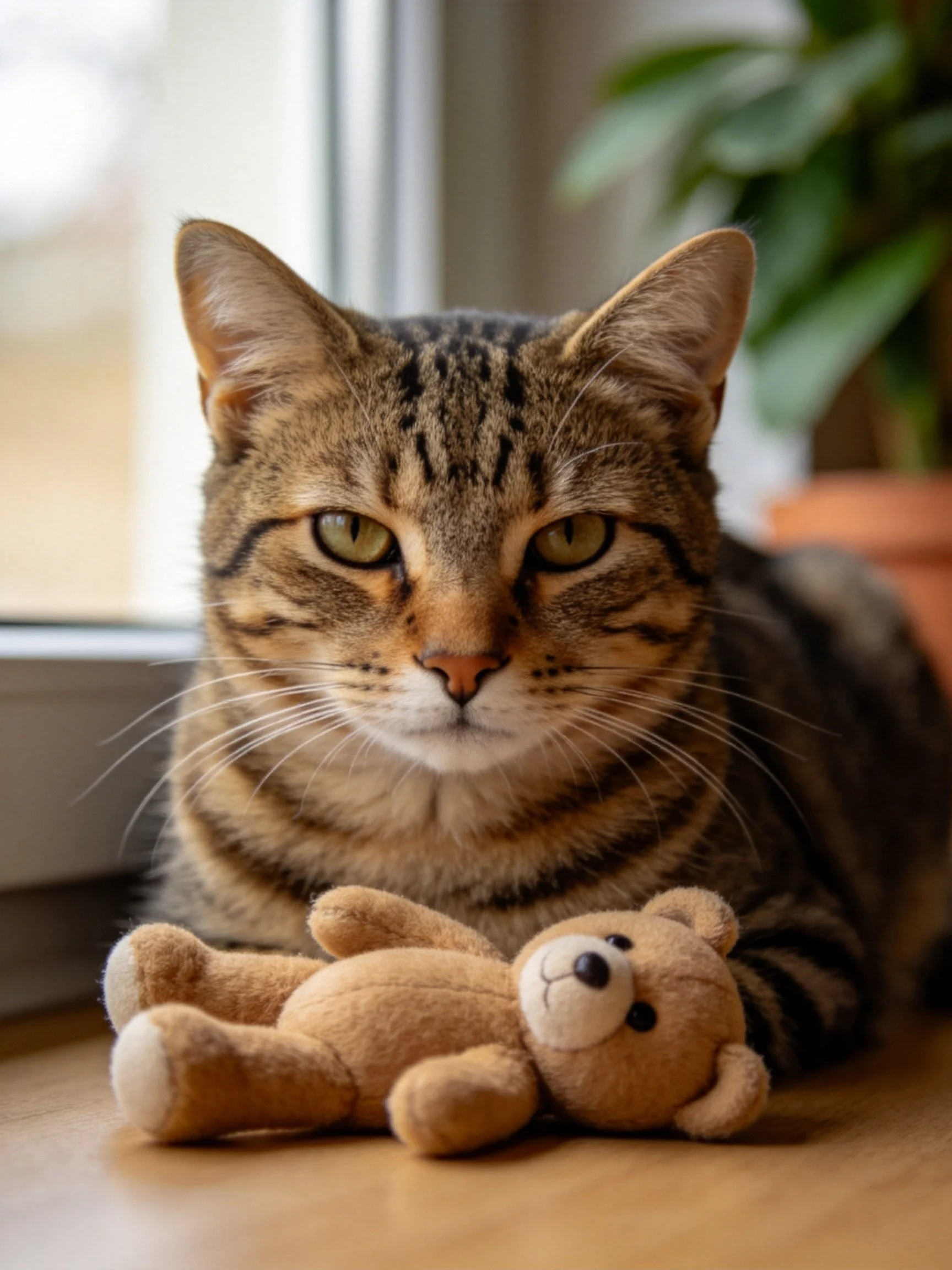 A brown tabby cat sits calmly next to a small tan teddy bear by a window