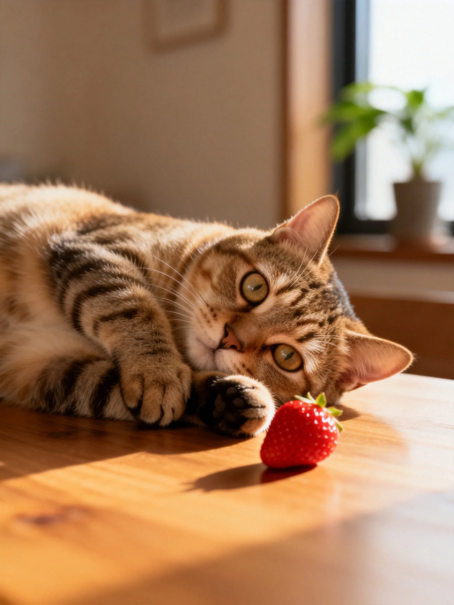 A brown tabby cat lies near a bright red strawberry on a wooden surface.