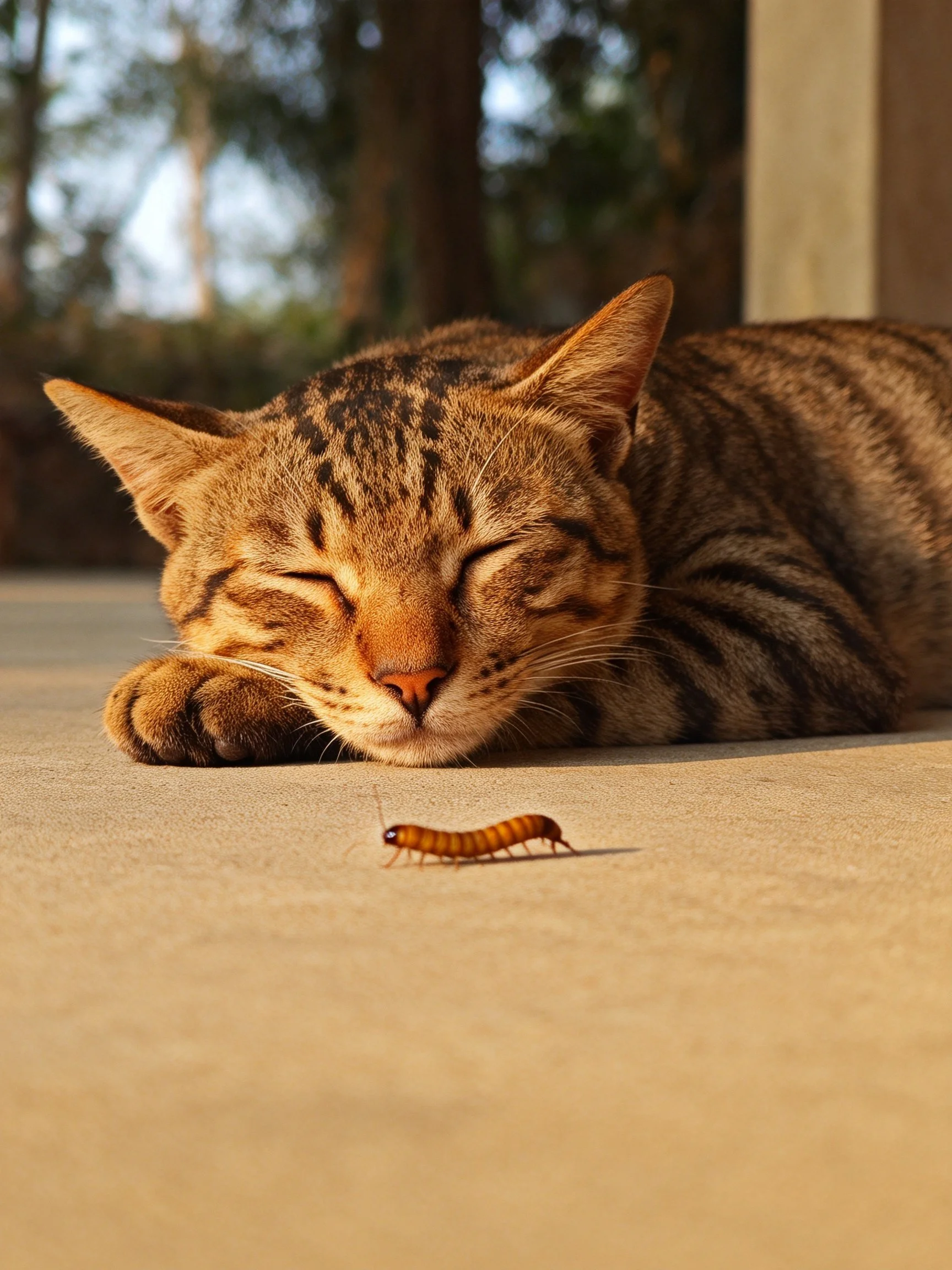 A brown tabby cat sleeps calmly next to an orange millipede on a concrete area.