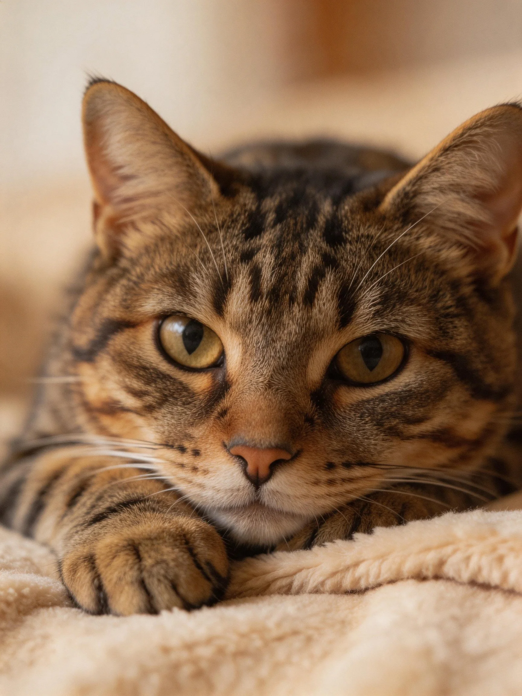 A brown tabby cat rests closely on a soft beige blanket