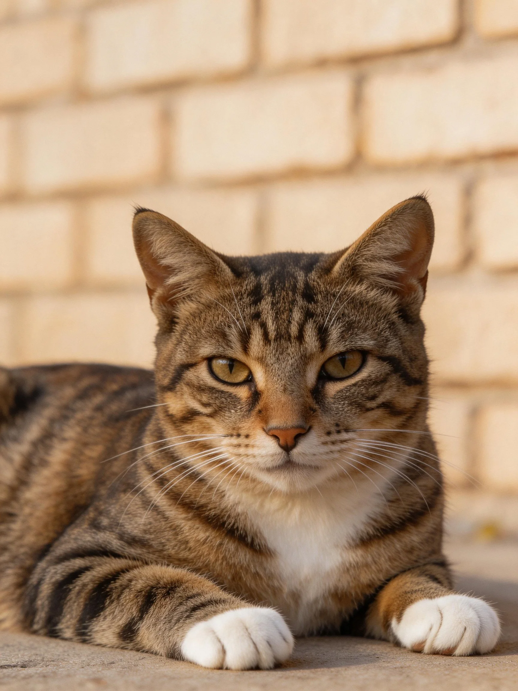 A brown tabby cat rests near a beige brick wall