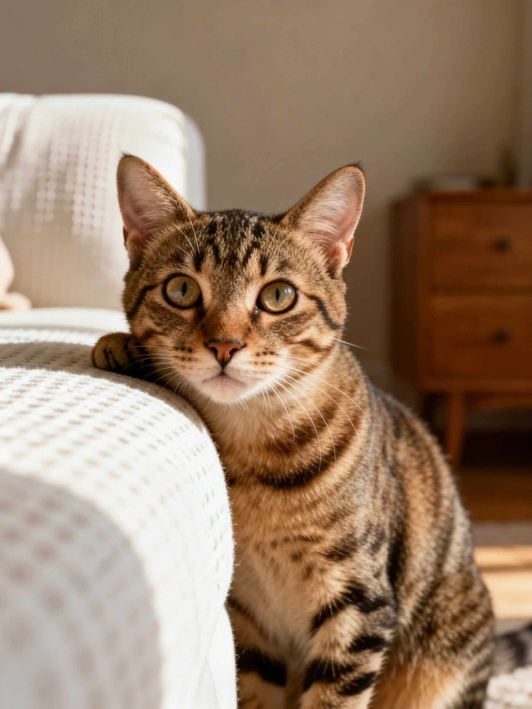A brown tabby cat rests near a white textured sofa in a sunlit room