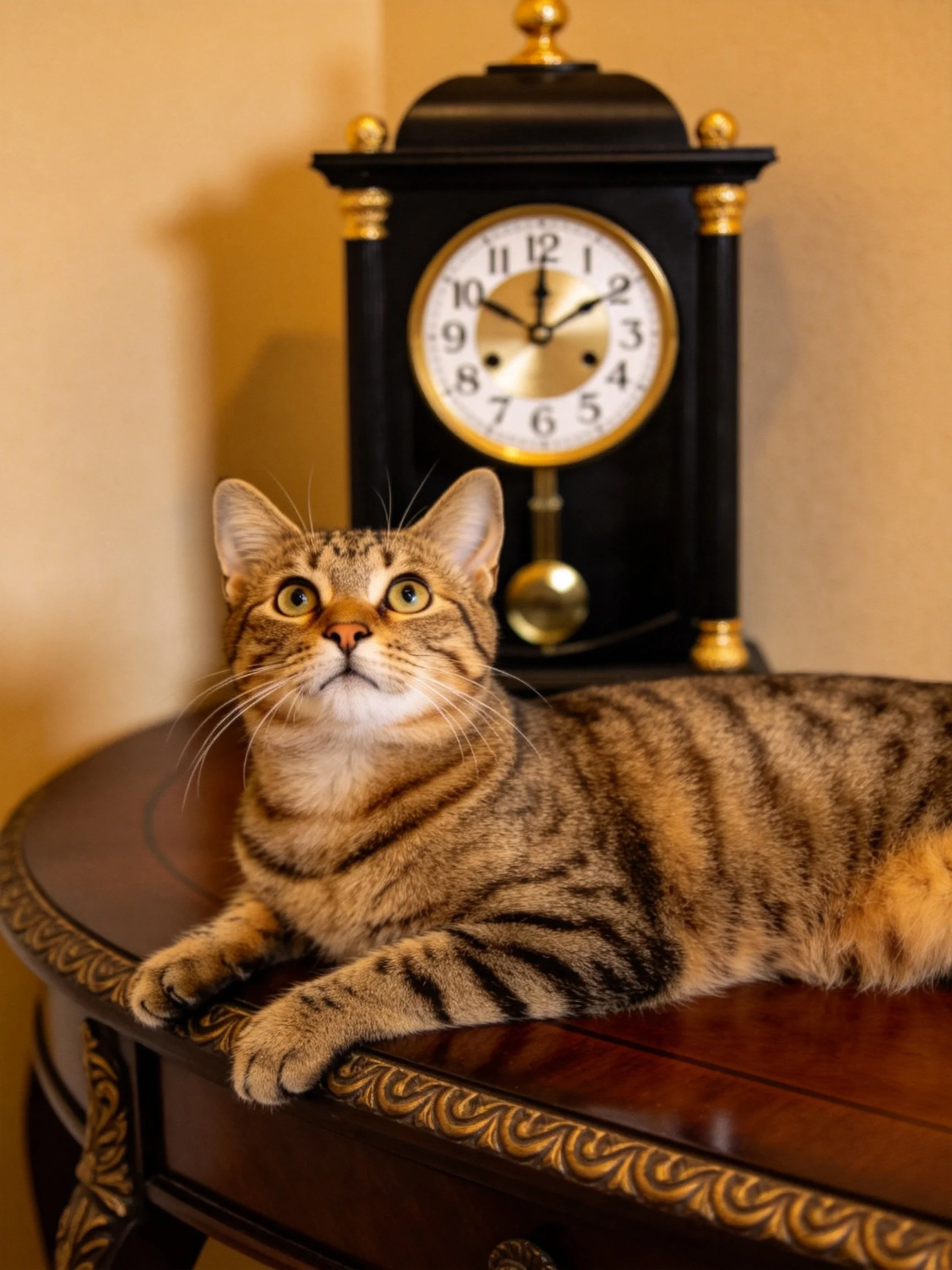 A brown tabby cat rests near an ornate black clock with gold details