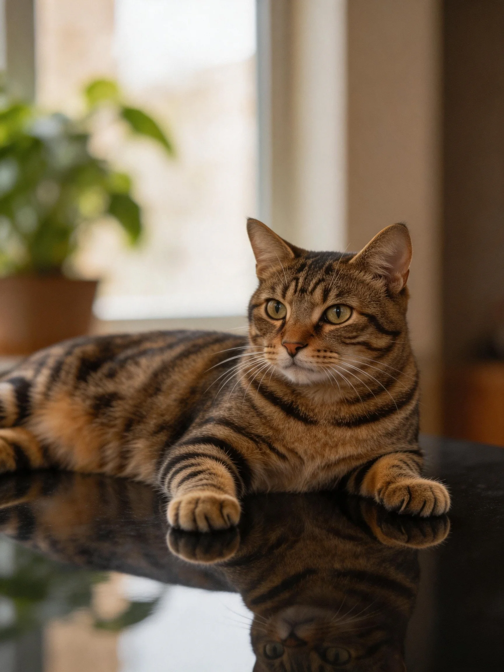 A brown tabby cat lies calmly on a glossy black surface with a potted plant in the background.